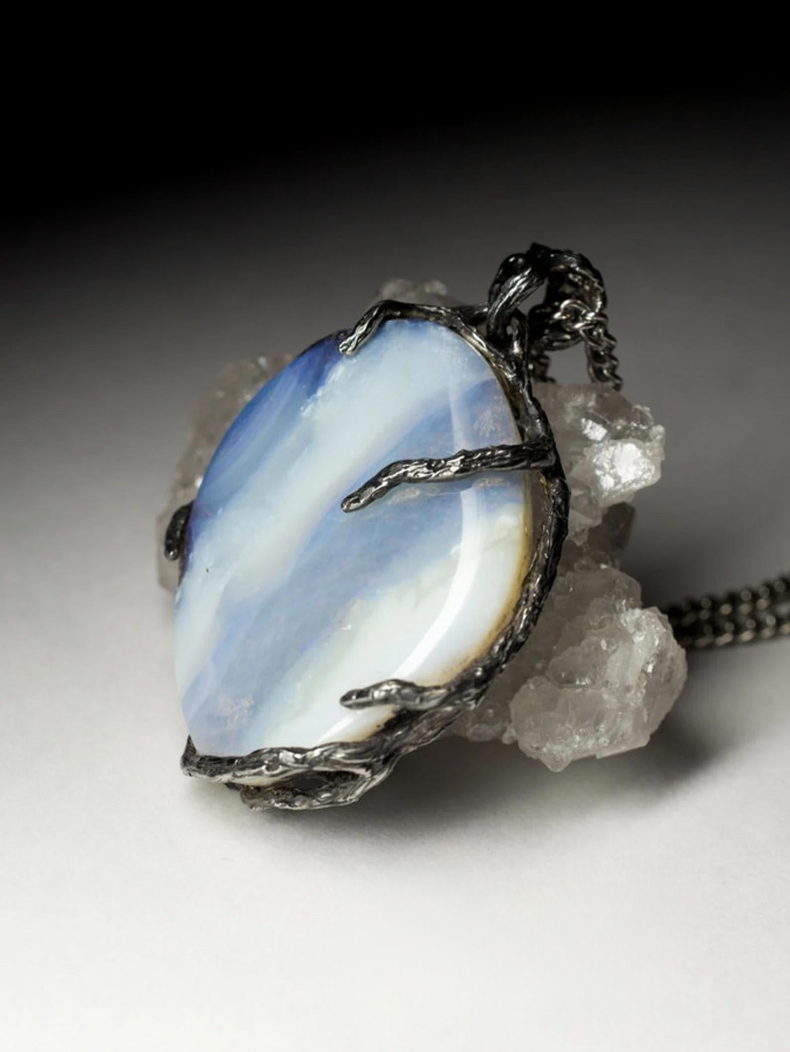 Boulder Opal black silver necklace Grey Blue Natural Australian Gemstone  For Sale 1