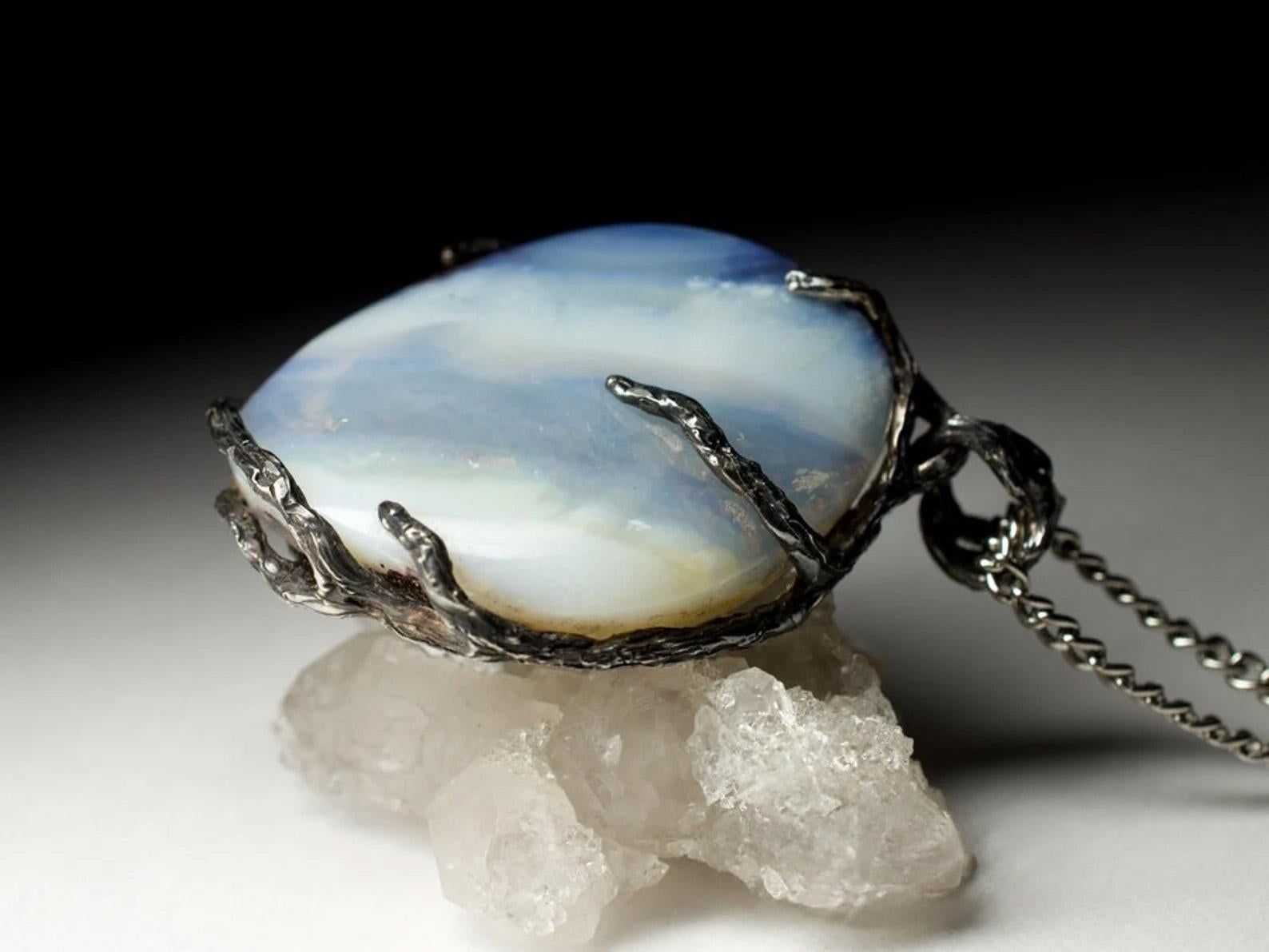 Boulder Opal black silver necklace Grey Blue Natural Australian Gemstone  For Sale 2