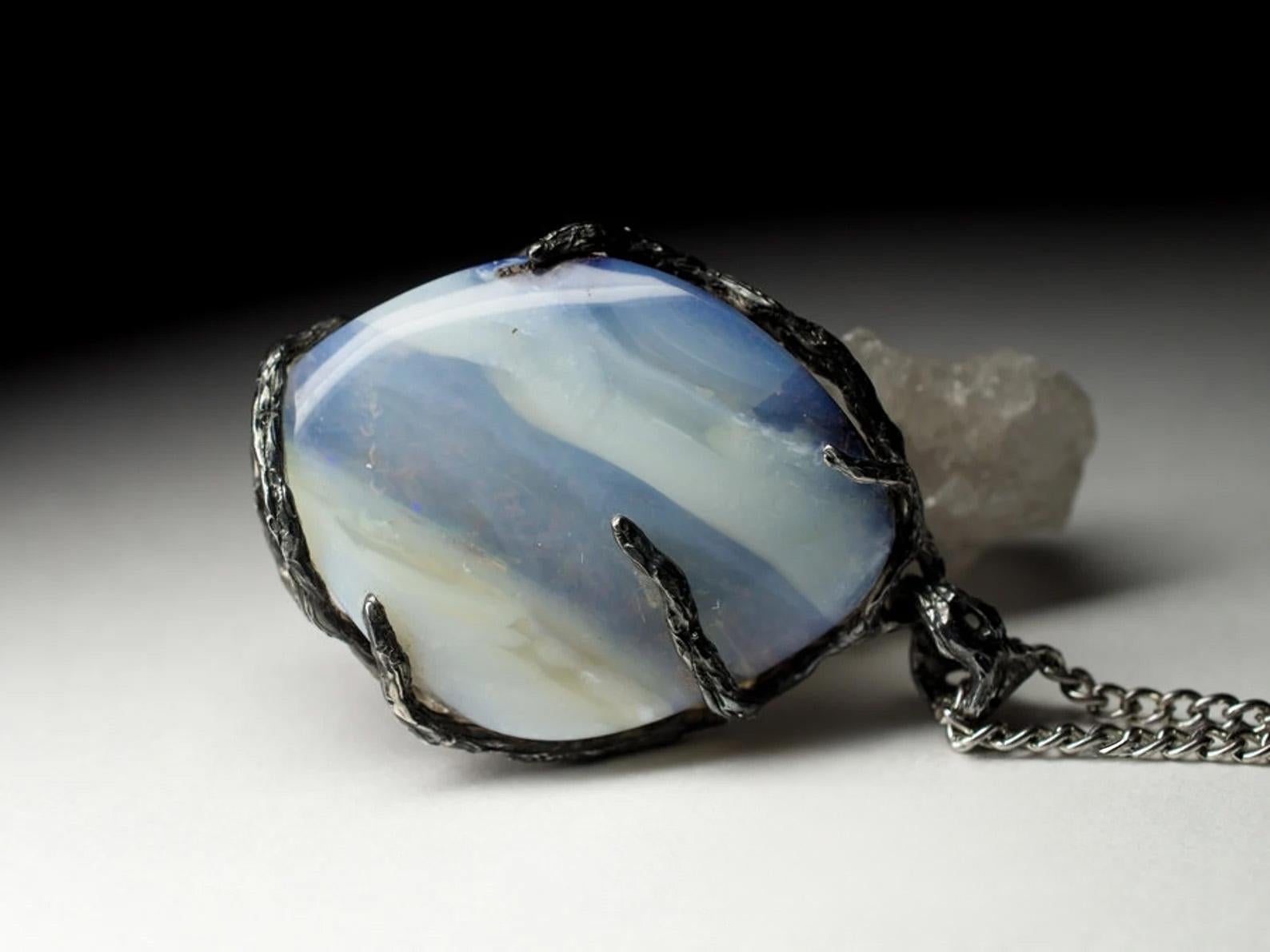 Boulder Opal schwarz Silber Halskette Grau Blau Natürlicher Australischer Edelstein  im Angebot 3