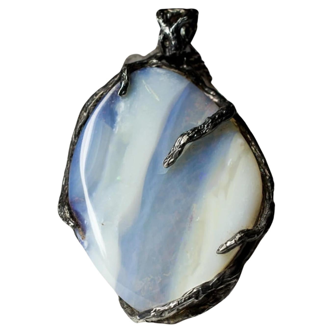 Boulder Opal schwarz Silber Halskette Grau Blau Natürlicher Australischer Edelstein  im Angebot