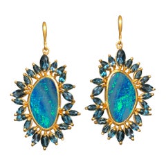 Boulder Opal Blue Topaz Gold Earrings by Lauren Harper