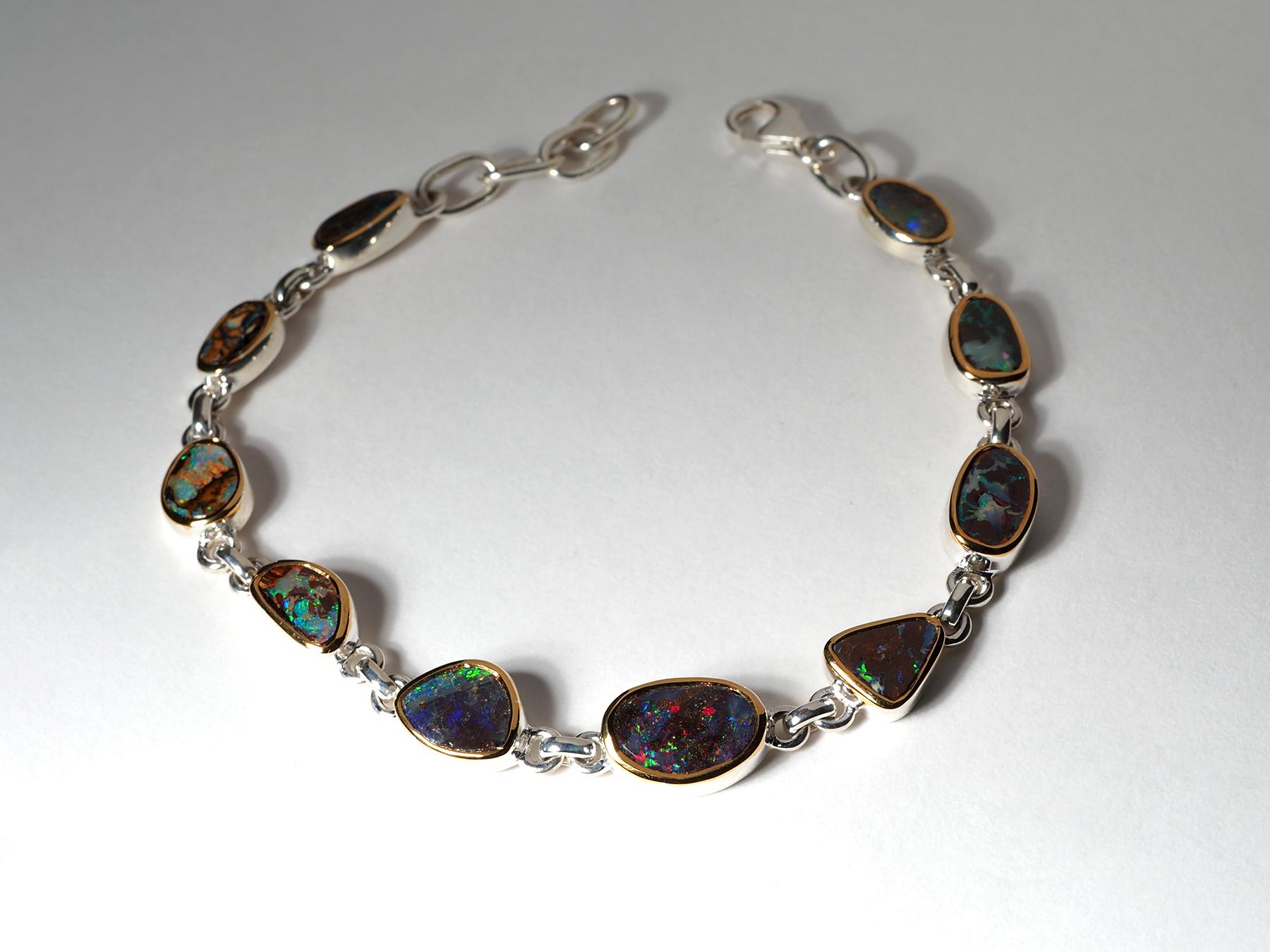Artisan Boulder Opal Bracelet 925 silver natural Australian Gemstone 18K Gold plated For Sale