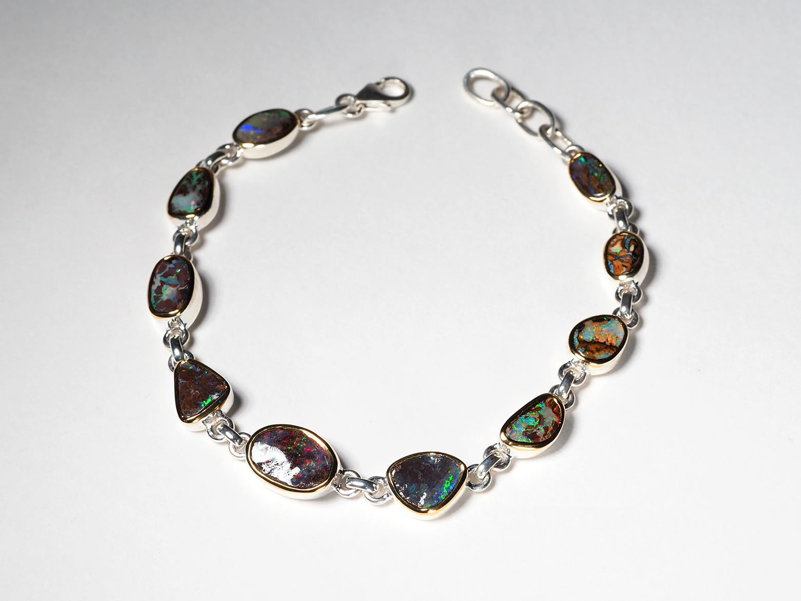 Oval Cut Boulder Opal Bracelet 925 silver natural Australian Gemstone 18K Gold plated For Sale