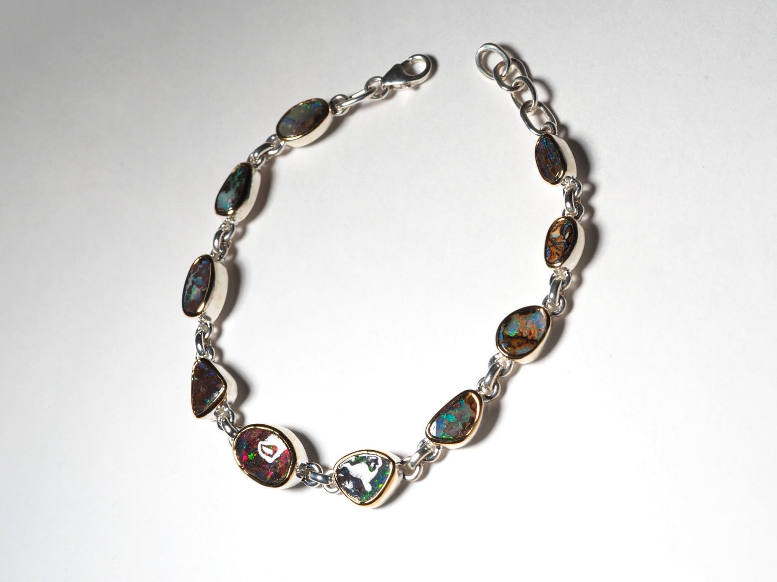 Women's or Men's Boulder Opal Bracelet 925 silver natural Australian Gemstone 18K Gold plated For Sale