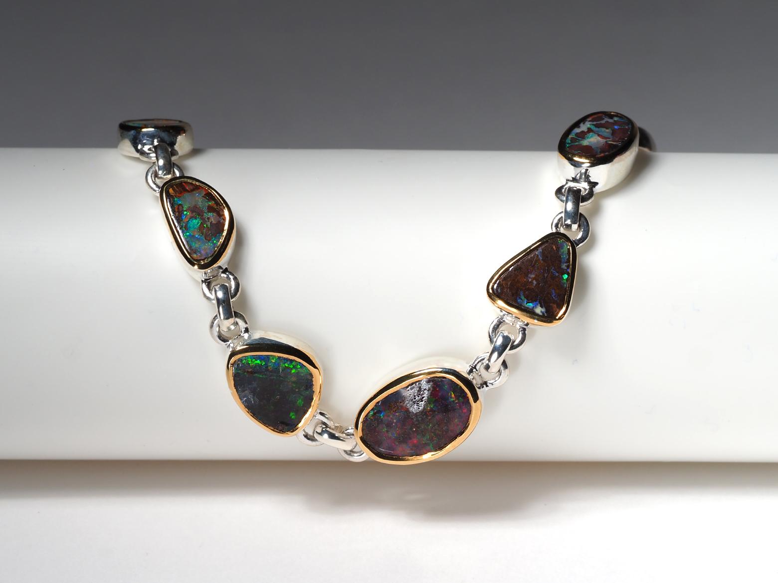 Boulder Opal Bracelet 925 silver natural Australian Gemstone 18K Gold plated For Sale 1