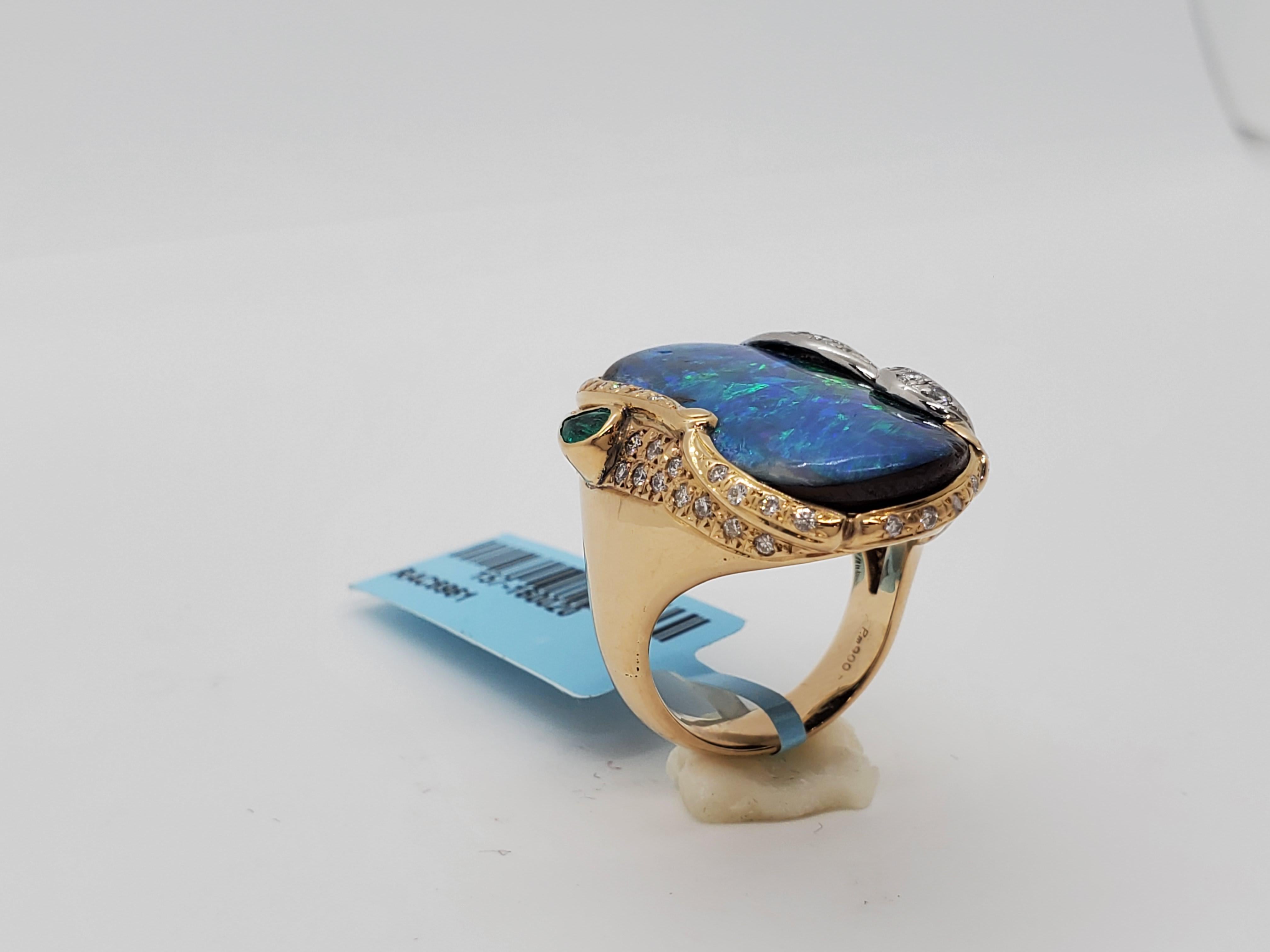 Women's or Men's Boulder Opal Cabochon, Emerald, and White Diamond Ring in 18 Karat Gold