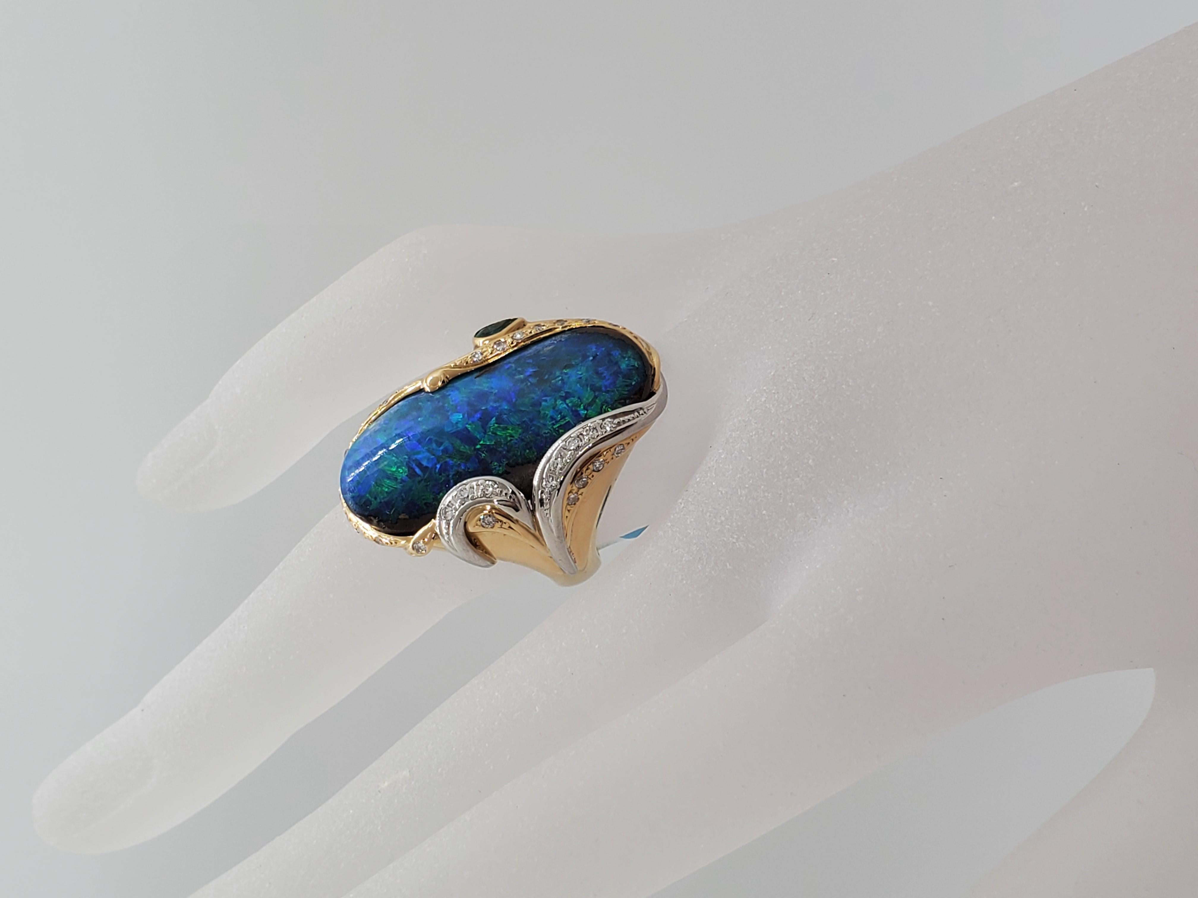 Boulder Opal Cabochon, Emerald, and White Diamond Ring in 18 Karat Gold 2
