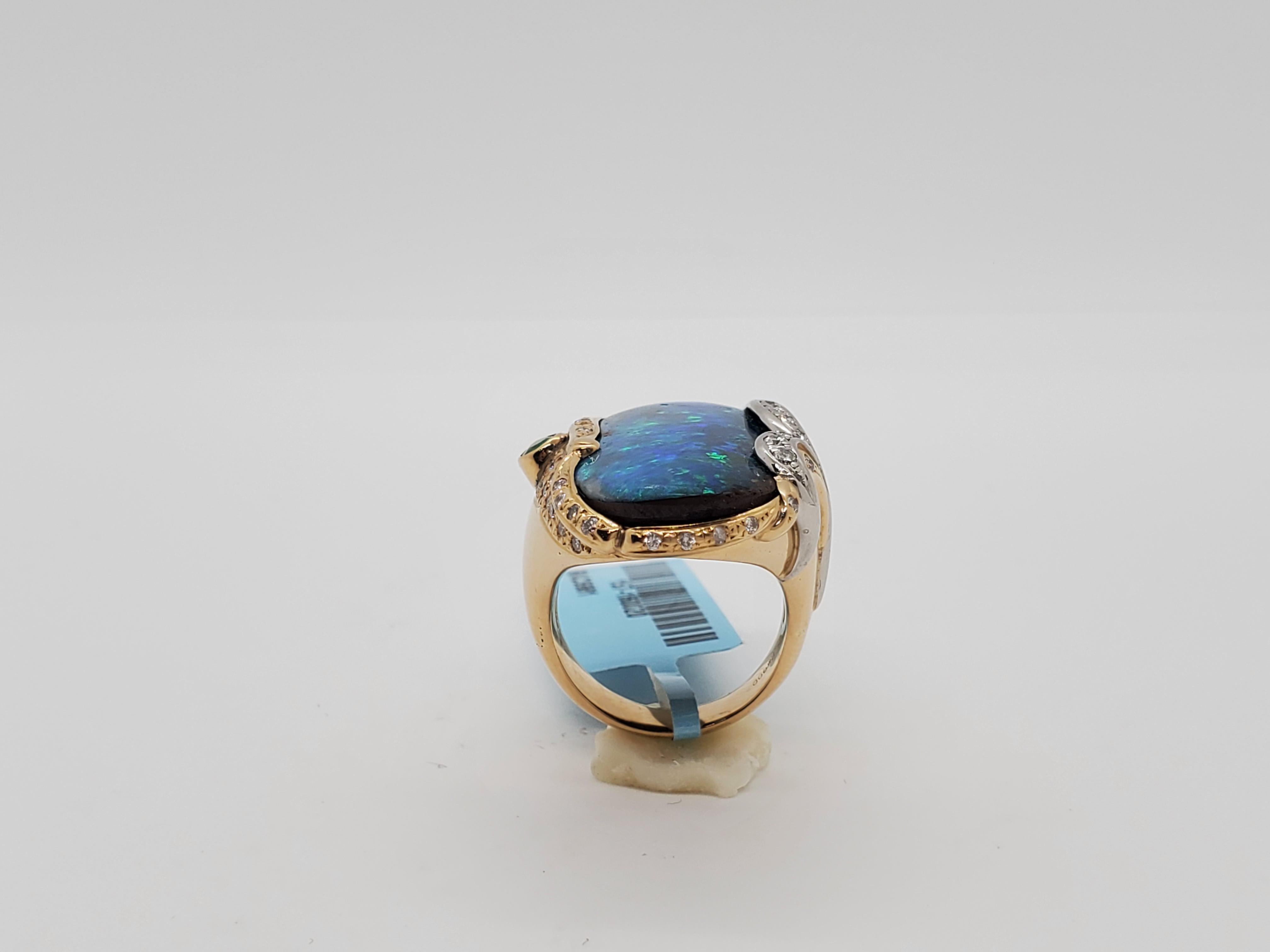 Boulder Opal Cabochon, Emerald, and White Diamond Ring in 18 Karat Gold 3