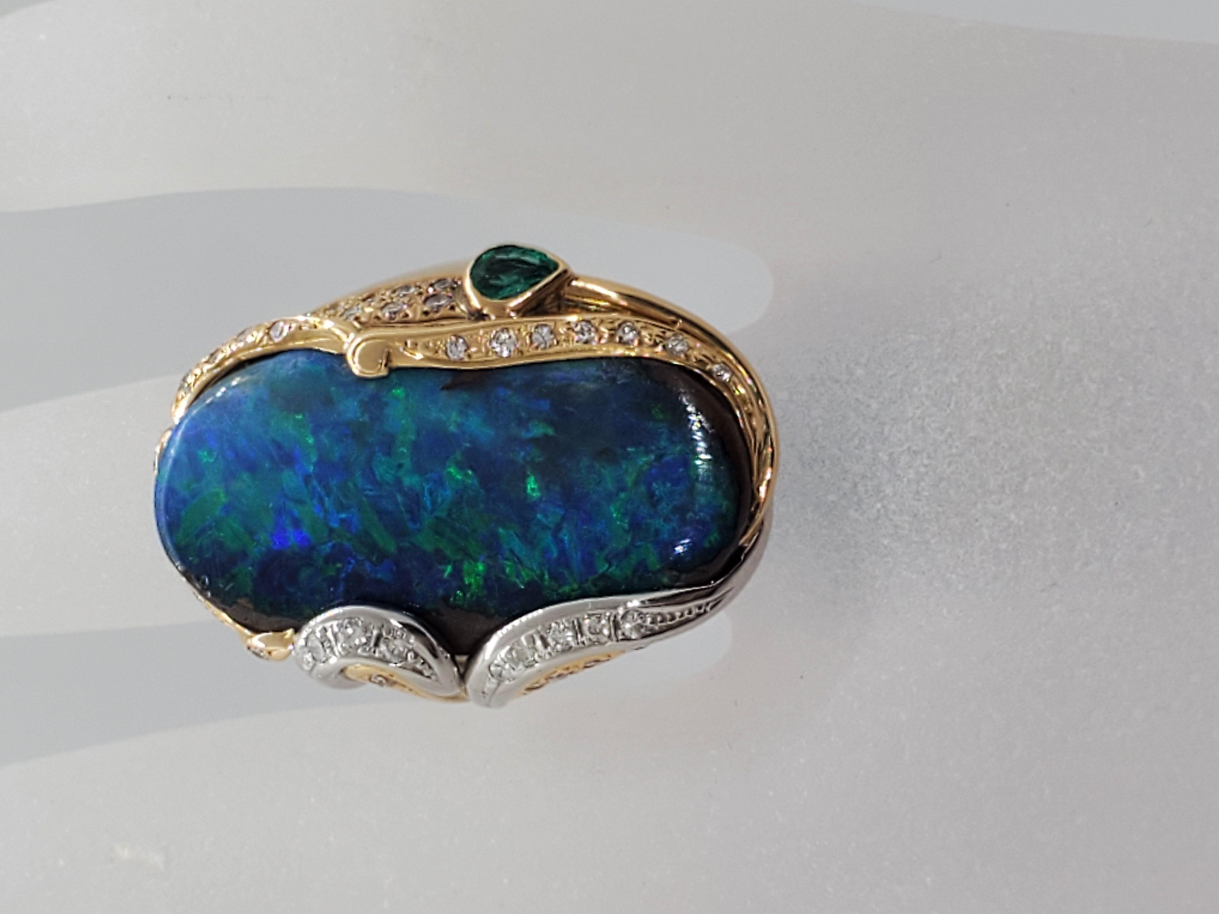 Boulder Opal Cabochon, Emerald, and White Diamond Ring in 18 Karat Gold 4