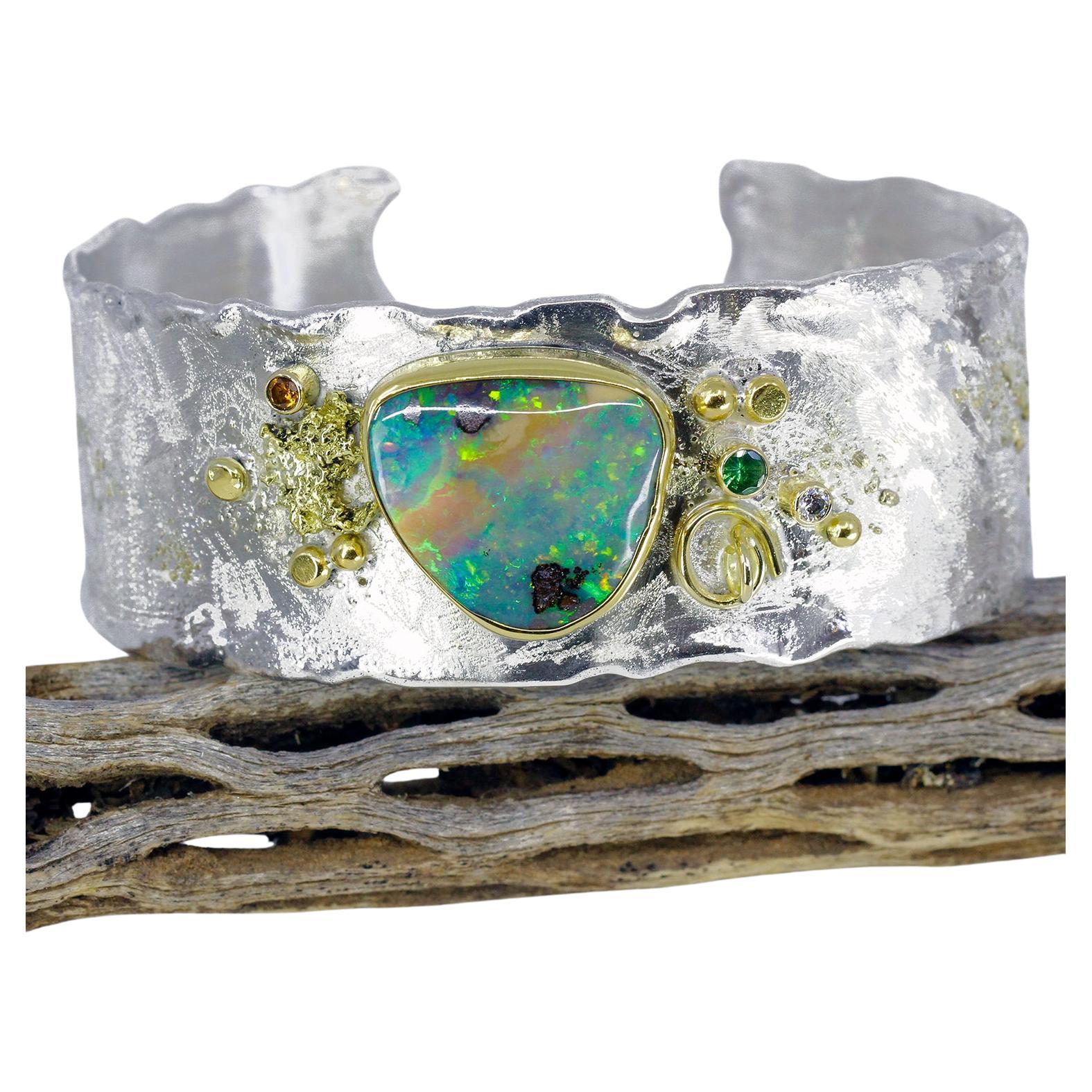 Boulder Opal Cuff Bracelet Alaskan Gold Nugget Diamond Sapphire Tsavorite Garnet For Sale