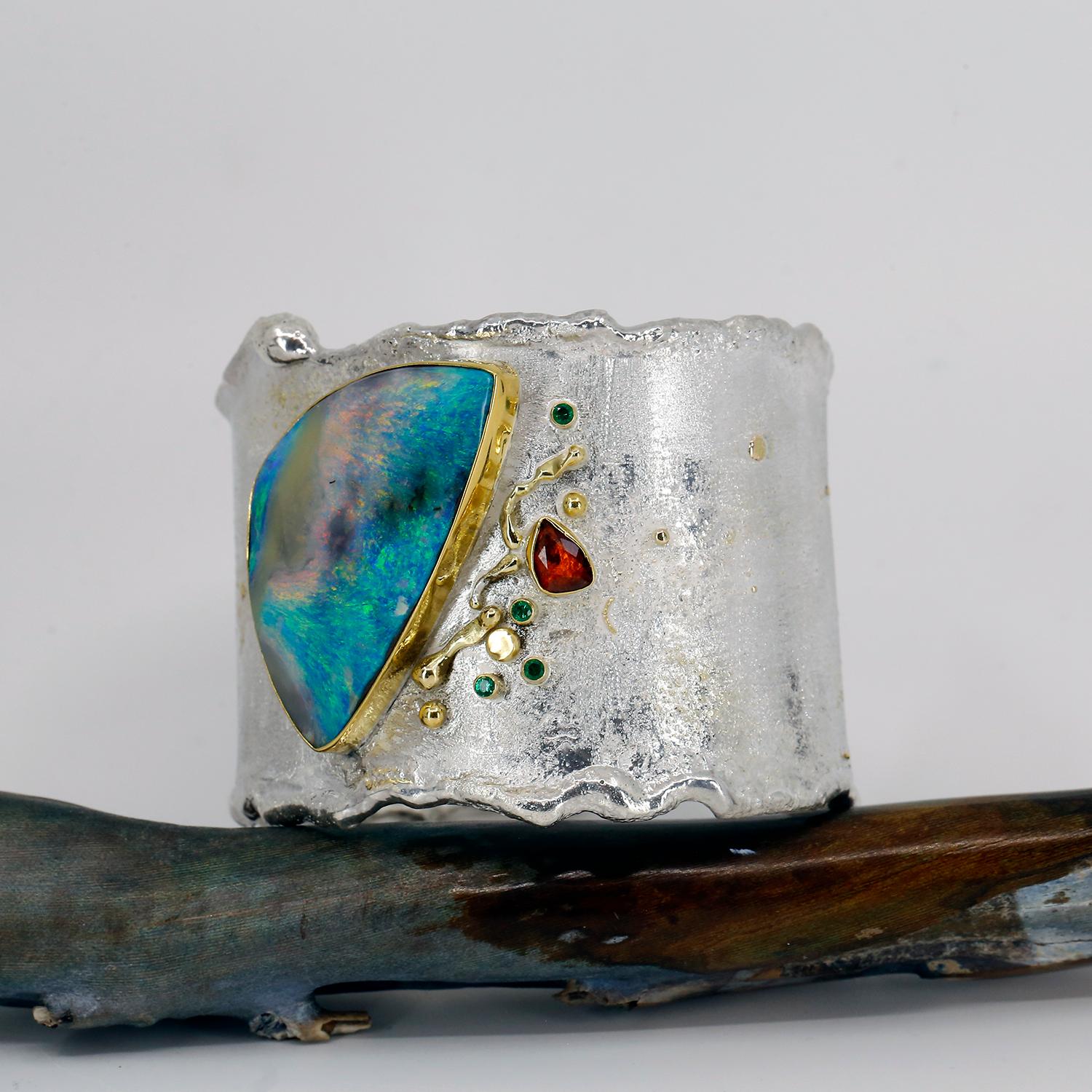 Artisan Boulder Opal Cuff Bracelet Sapphire Emeralds 22k 18k Sterling Silver For Sale