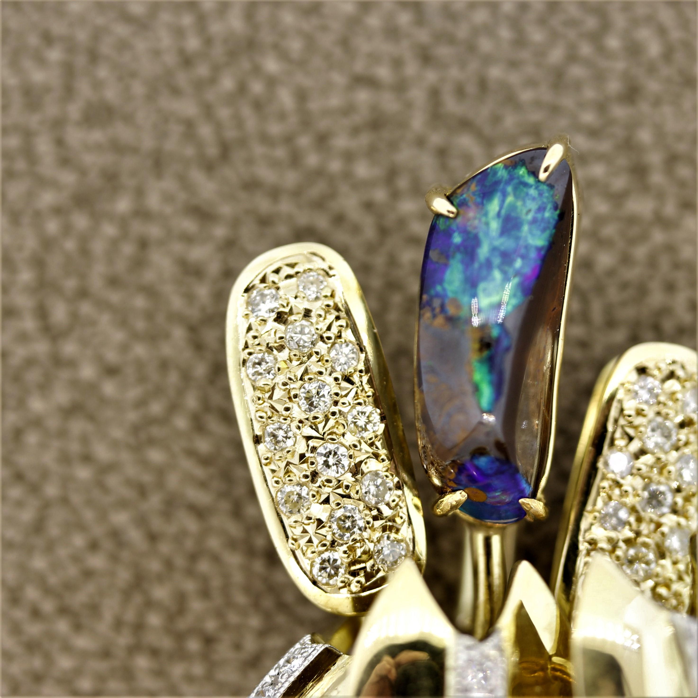 Mixed Cut Boulder Opal Diamond Gold Flower-Bouquet Brooch-Pendant For Sale