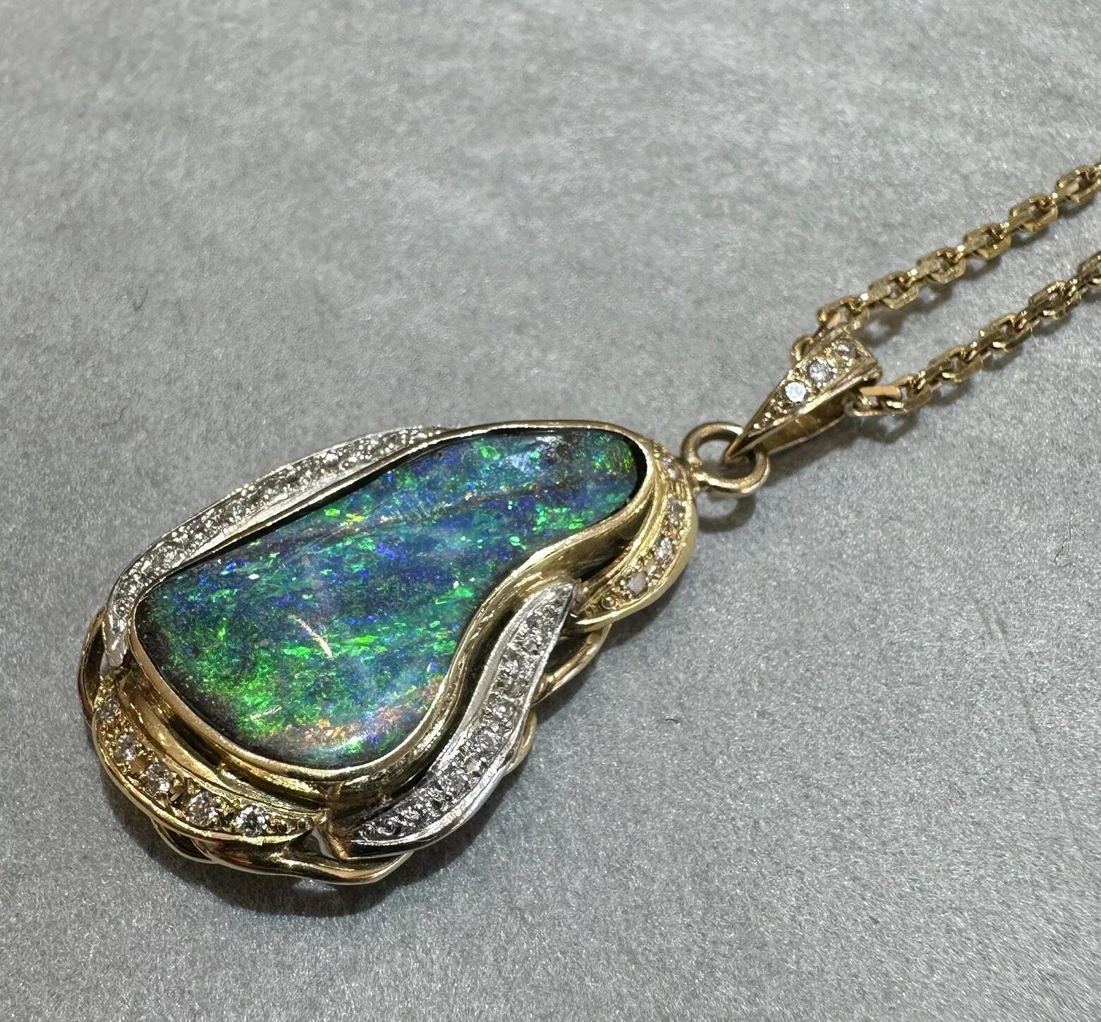 Round Cut Boulder Opal & Diamond Pendant Necklace in 18k Yellow Gold and Platinum For Sale