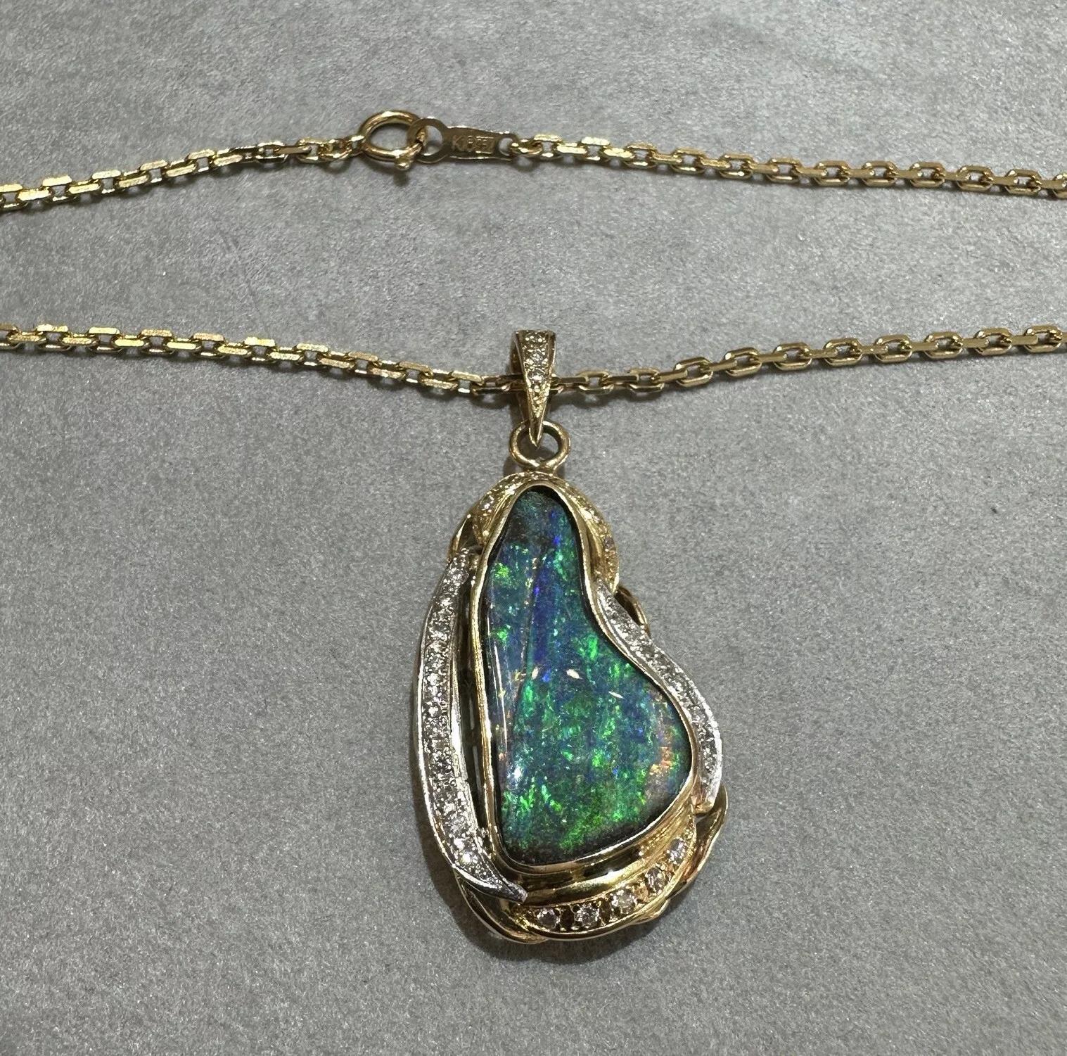 Women's Boulder Opal & Diamond Pendant Necklace in 18k Yellow Gold and Platinum For Sale