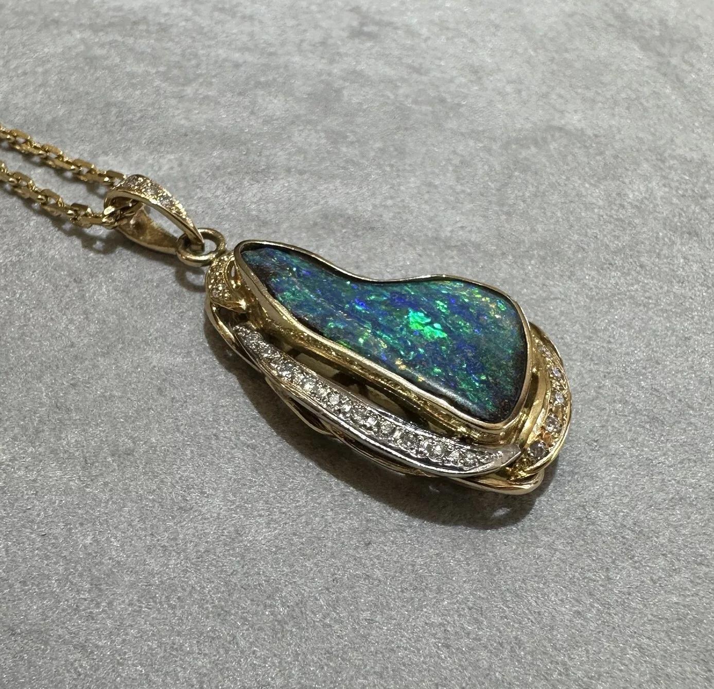 Boulder Opal & Diamond Pendant Necklace in 18k Yellow Gold and Platinum For Sale 1