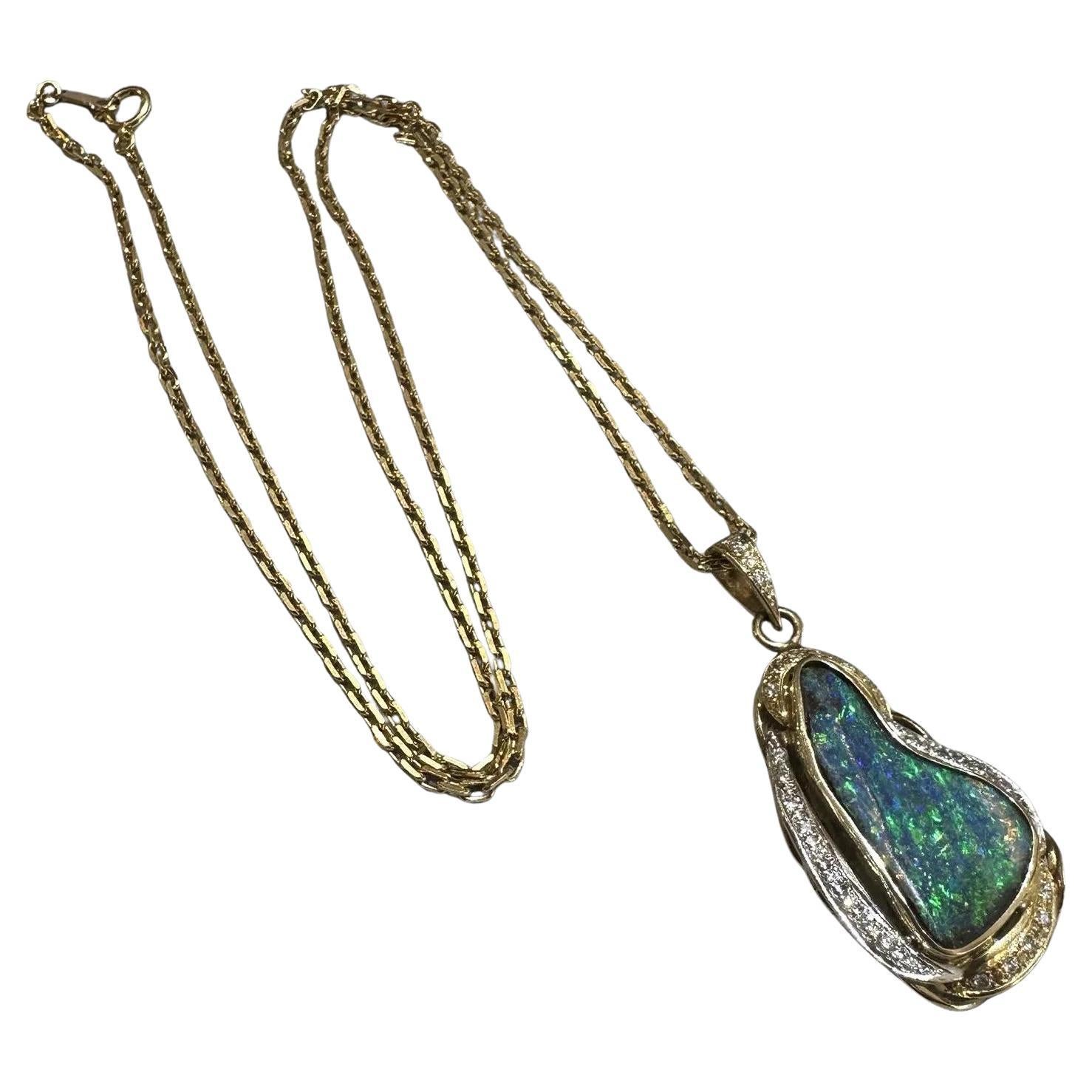 Boulder Opal & Diamond Pendant Necklace in 18k Yellow Gold and Platinum