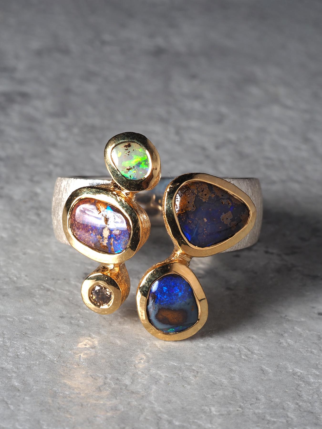 Boulder Opal Diamant Silber Ring 9,5-10 US Geschenk Aussage Ring unisex im Angebot 4