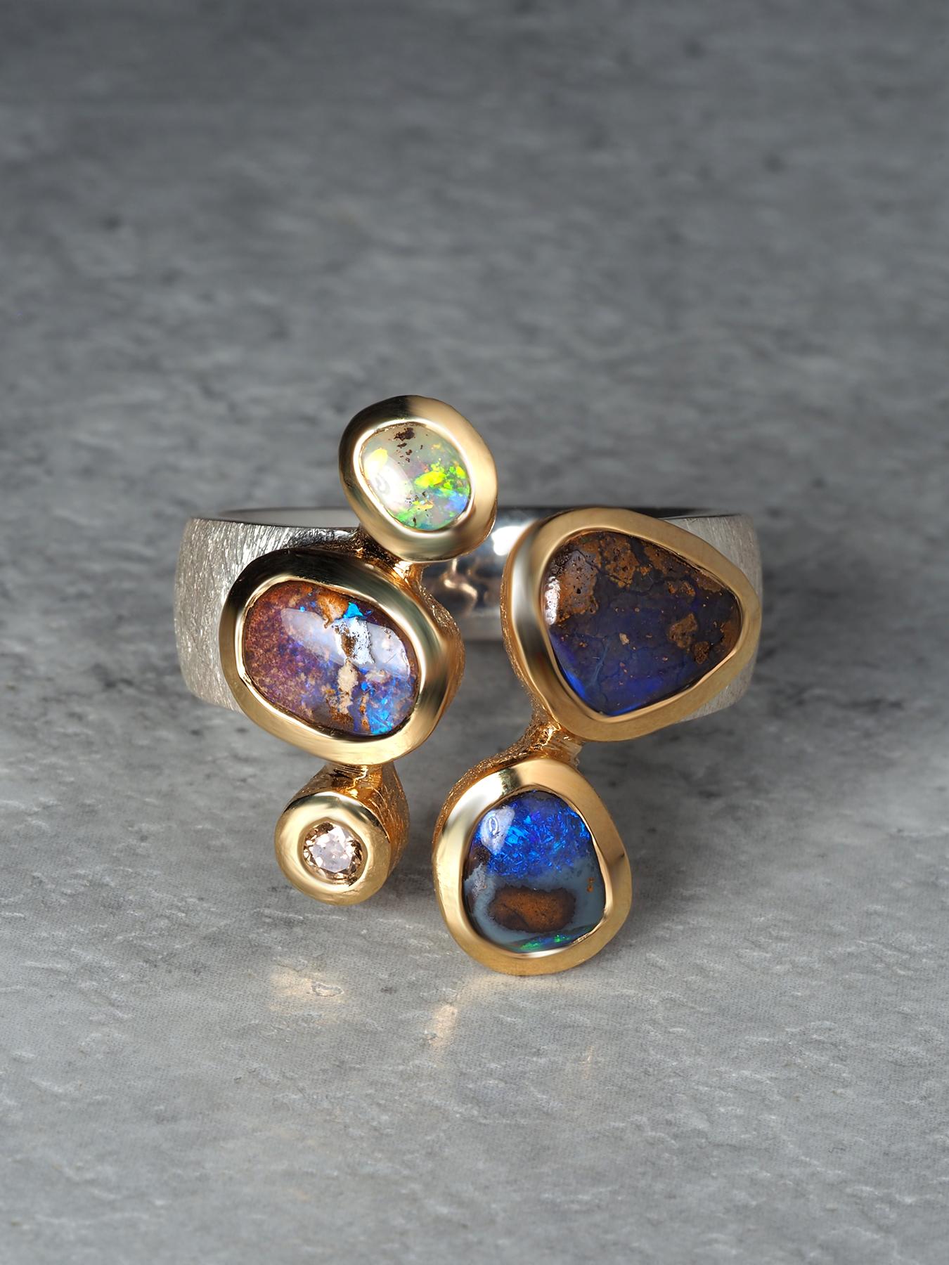 Boulder Opal Diamant Silber Ring 9,5-10 US Geschenk Aussage Ring unisex im Angebot 5