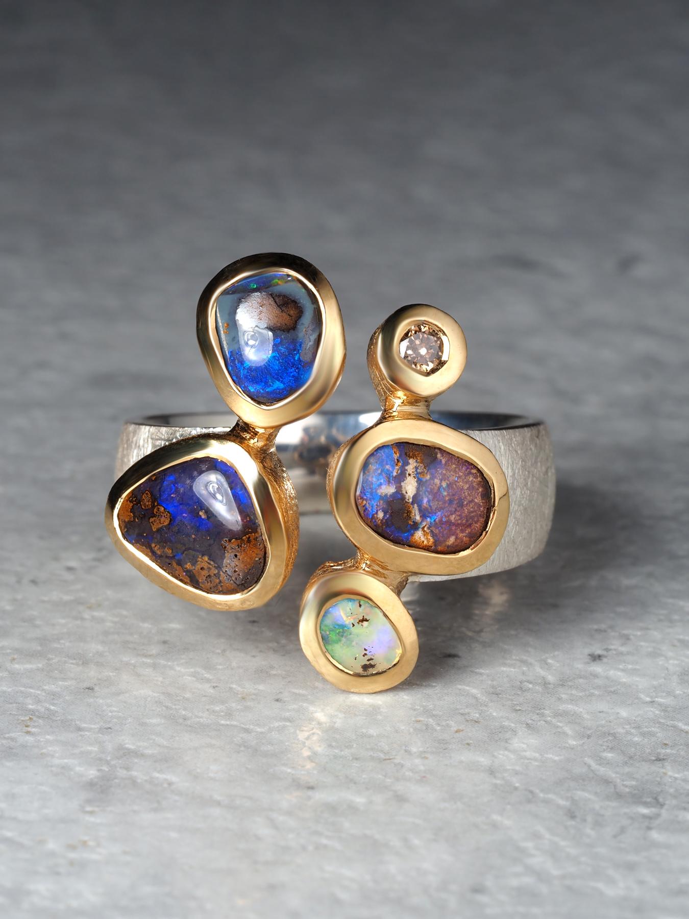 Boulder Opal Diamant Silber Ring 9,5-10 US Geschenk Aussage Ring unisex (Kunsthandwerker*in) im Angebot