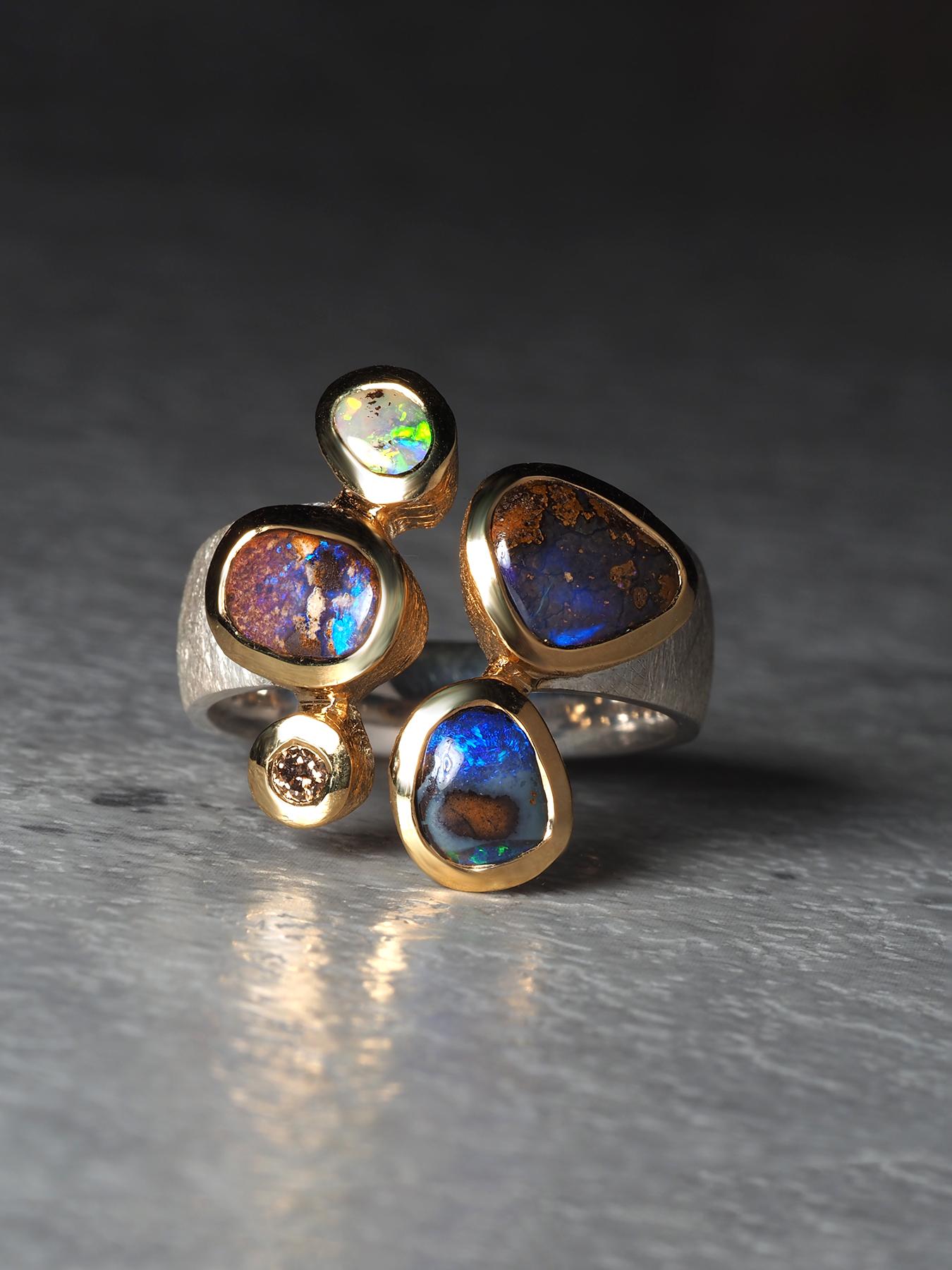 Boulder Opal Diamant Silber Ring 9,5-10 US Geschenk Aussage Ring unisex (Ovalschliff) im Angebot