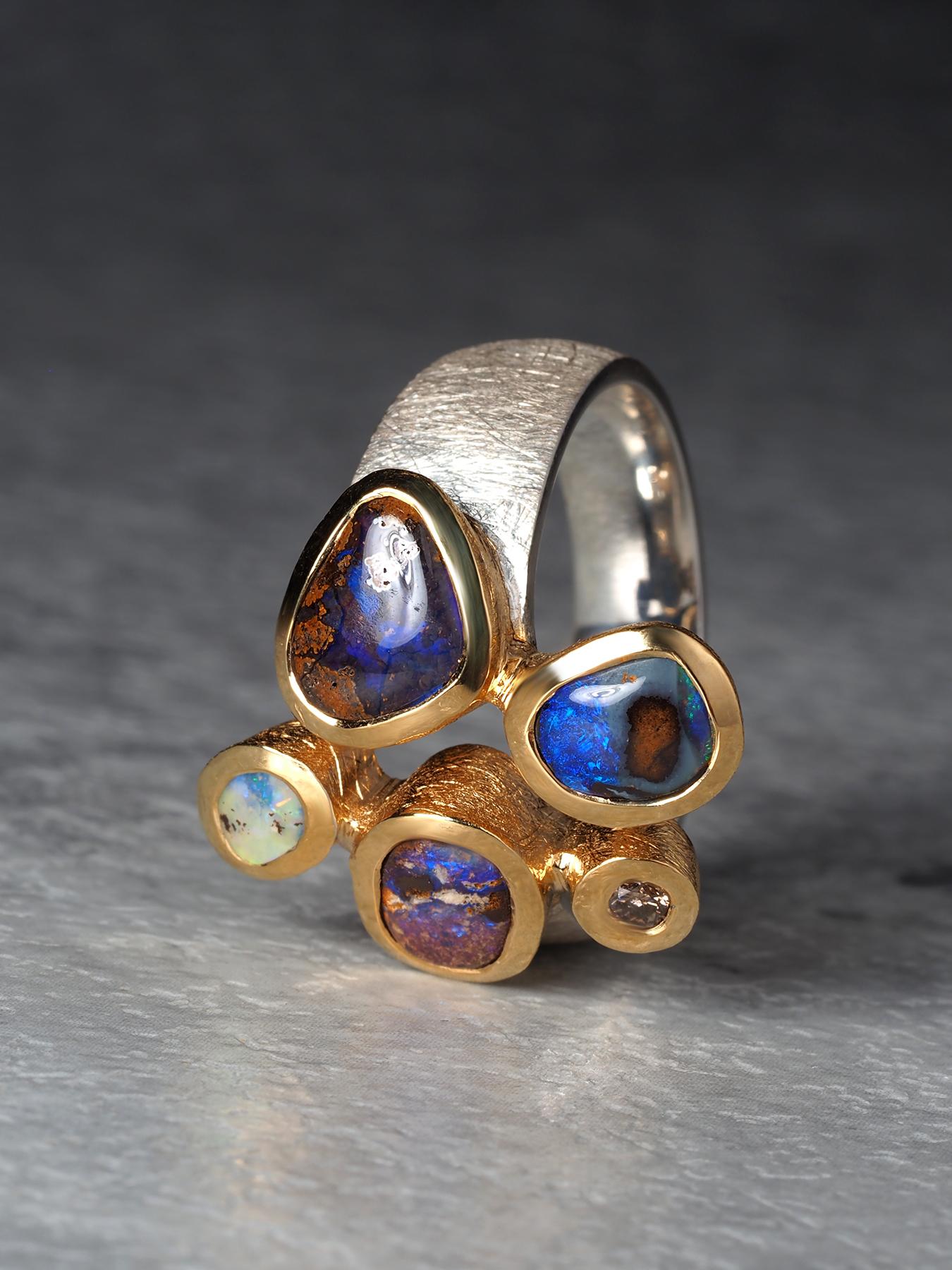 Boulder Opal Diamant Silber Ring 9,5-10 US Geschenk Aussage Ring unisex im Zustand „Neu“ im Angebot in Berlin, DE
