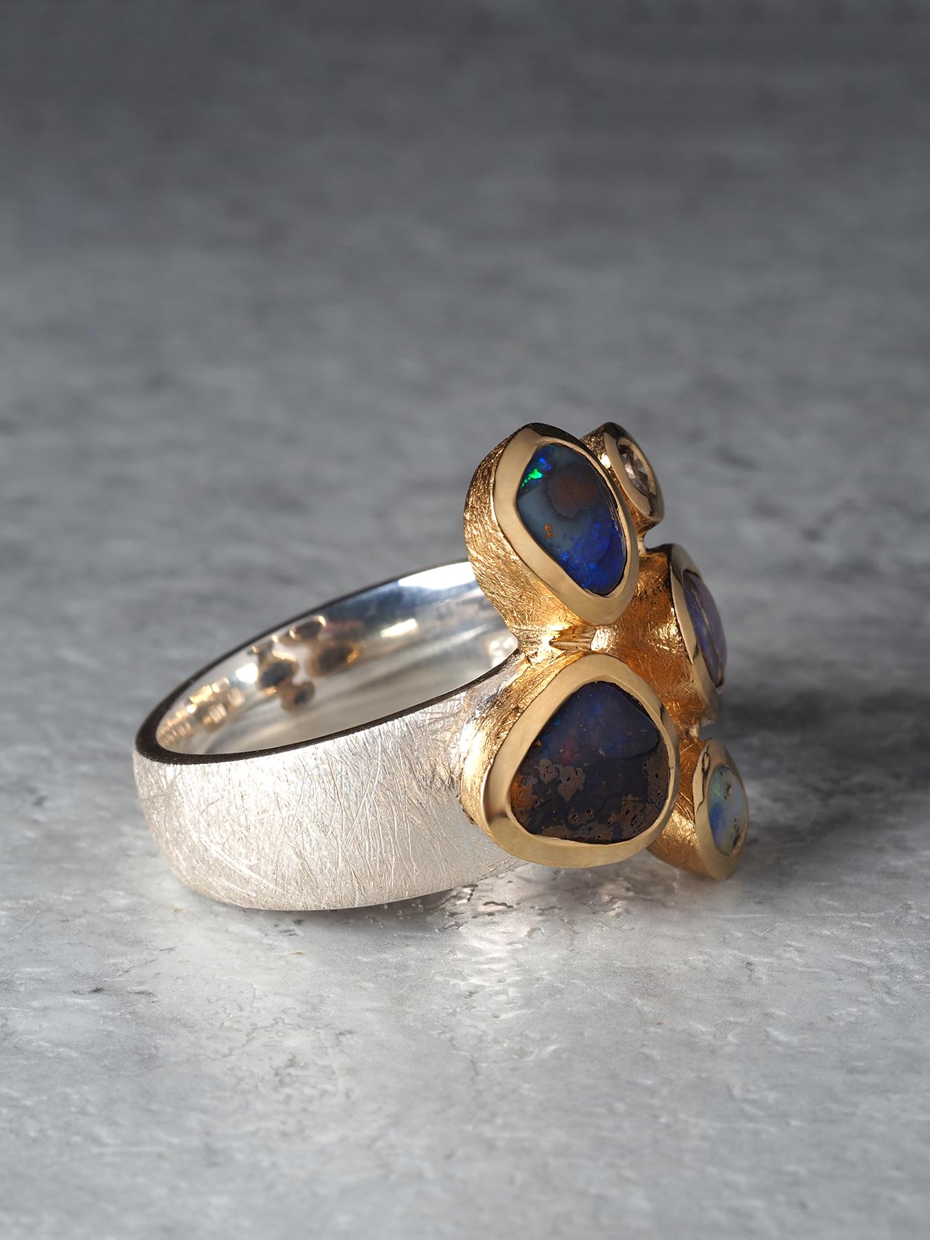 Boulder Opal Diamant Silber Ring 9,5-10 US Geschenk Aussage Ring unisex im Angebot 1