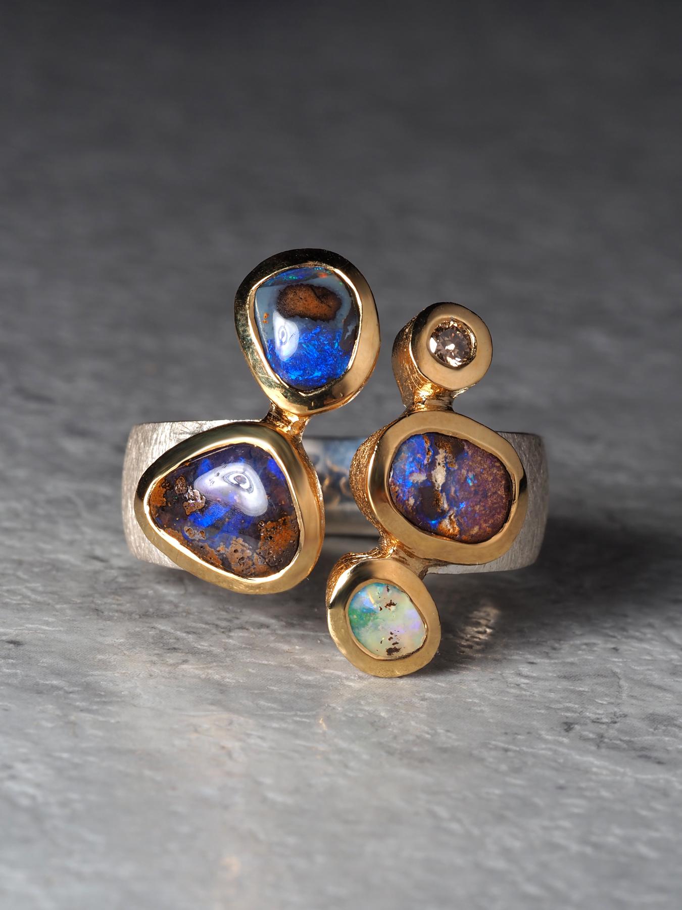 Boulder Opal Diamant Silber Ring 9,5-10 US Geschenk Aussage Ring unisex im Angebot 2