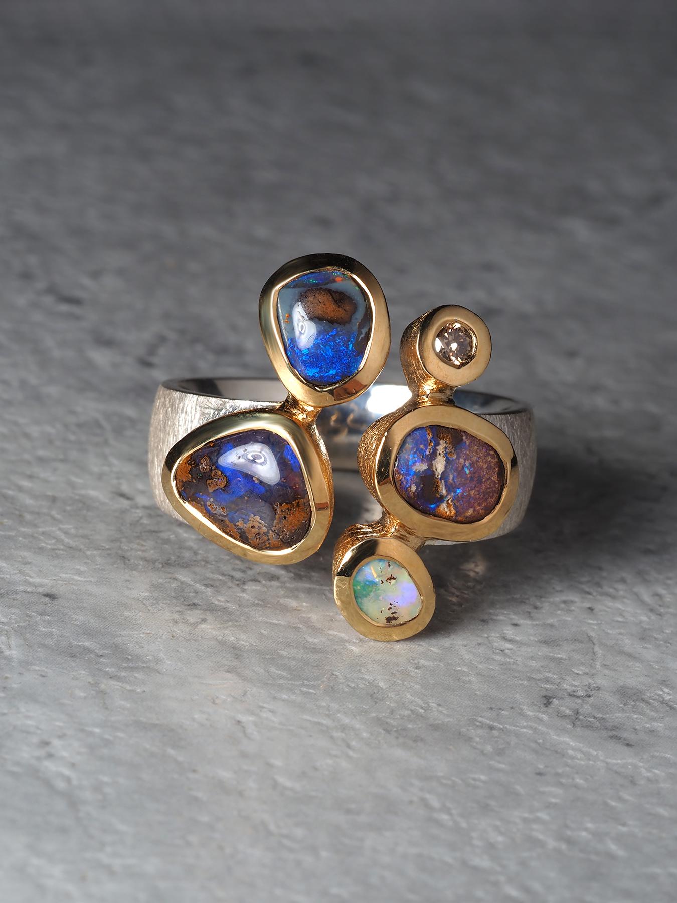 Boulder Opal Diamant Silber Ring 9,5-10 US Geschenk Aussage Ring unisex im Angebot 3