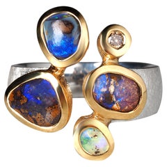 Boulder Opal Diamond Silver Ring 9.5-10 US gift statement ring unisex