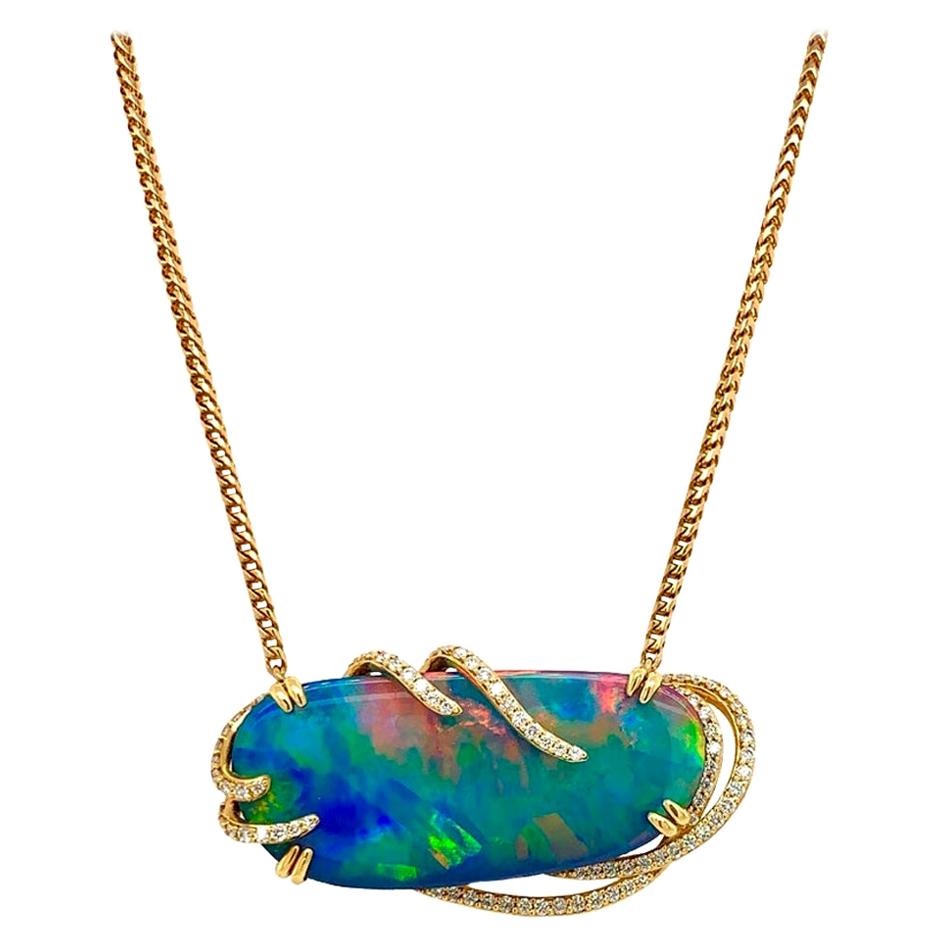 Boulder Opal Doublet and Diamond 18 Karat Yellow Gold Necklace For Sale