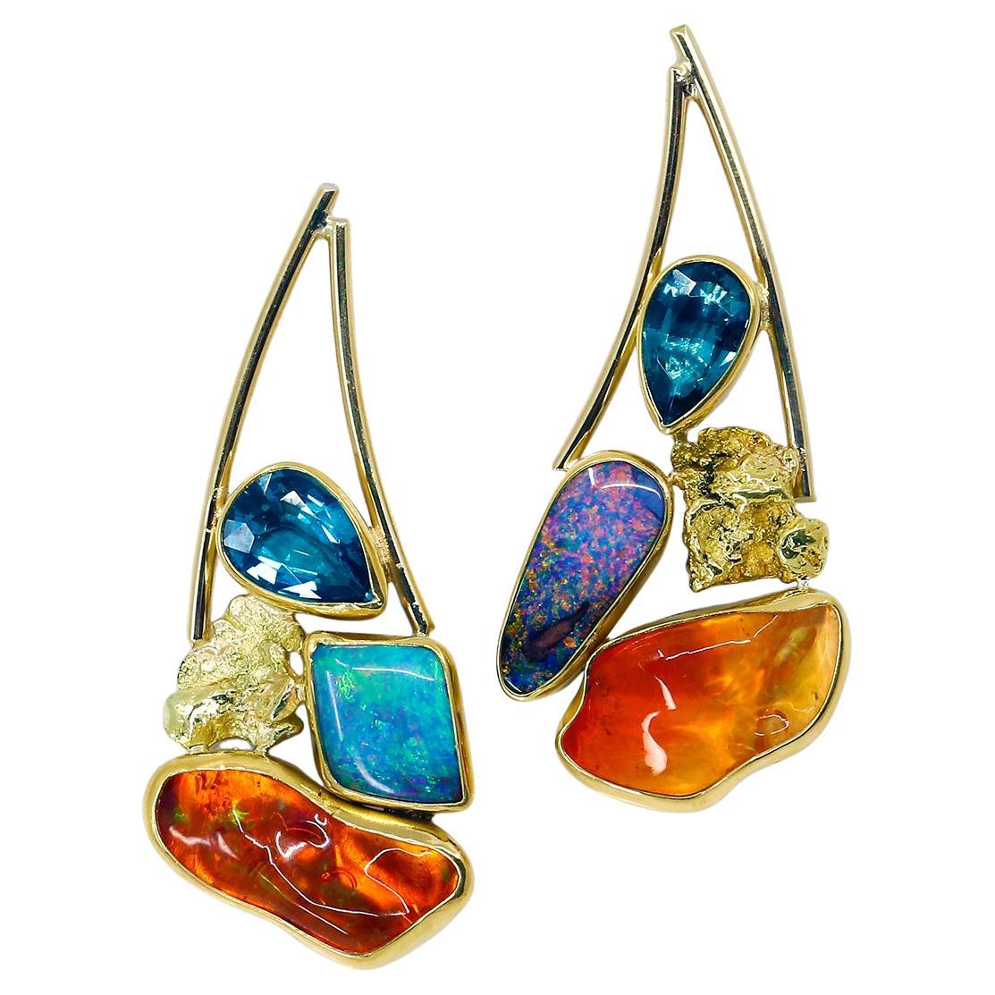 Boulder Opal Earrings Mexican Opal Apatite 22k 18k SS Alaskan Gold Nuggets