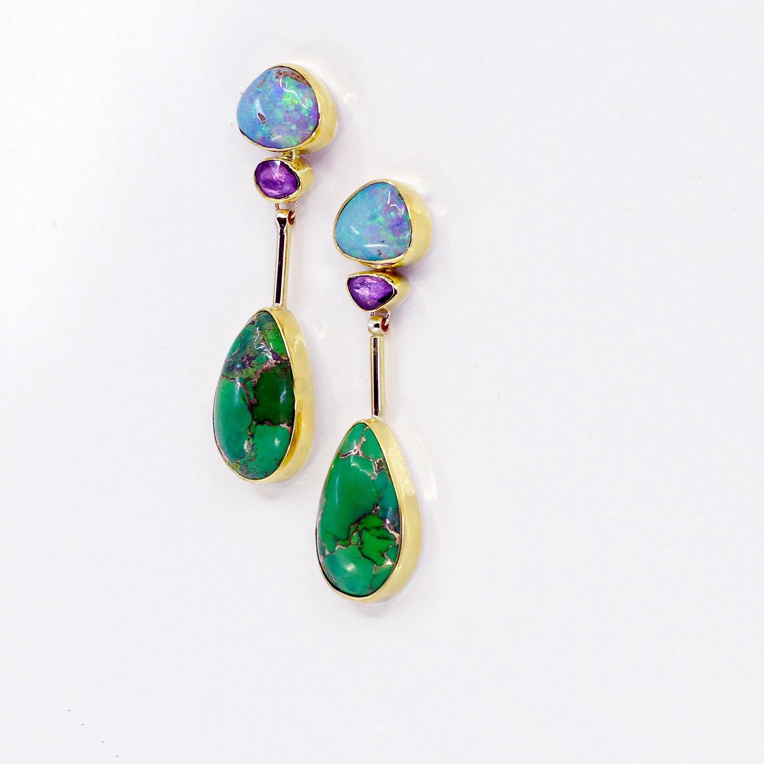 Artisan Boulder Opal Earrings Sapphire Turquoise Infused with Brass 22k 18k Gold For Sale