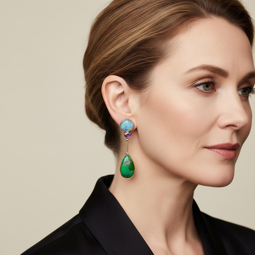 Cabochon Boulder Opal Earrings Sapphire Turquoise Infused with Brass 22k 18k Gold For Sale