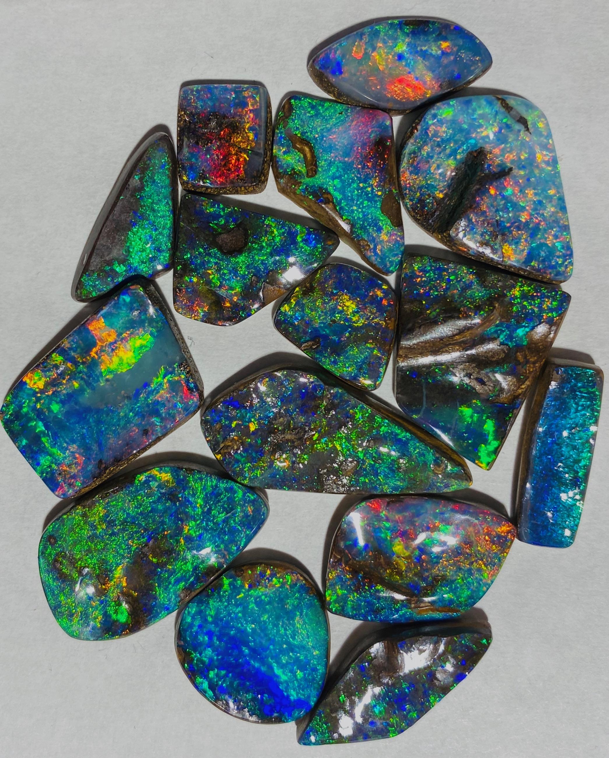 Boulder Opal Earrings Sapphire Turquoise Infused with Brass 22k 18k Gold In New Condition For Sale In Wolfeboro, NH