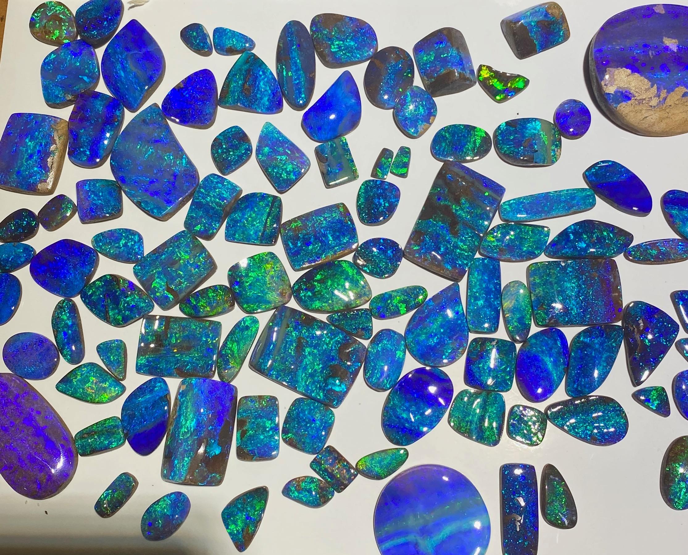 Women's or Men's Boulder Opal Earrings Sapphire Turquoise Infused with Brass 22k 18k Gold For Sale