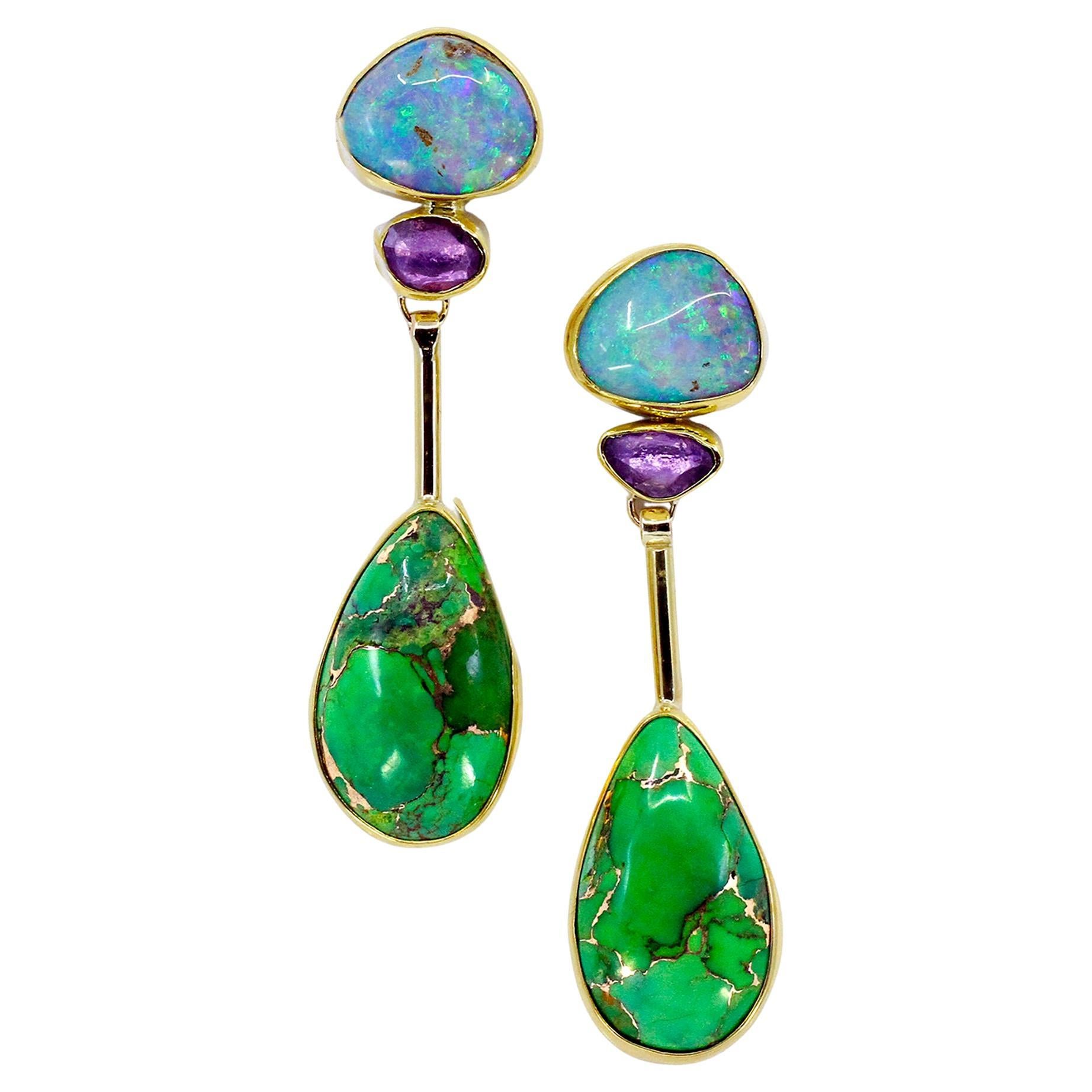 Boulder Opal Earrings Sapphire Turquoise Infused with Brass 22k 18k Gold SS