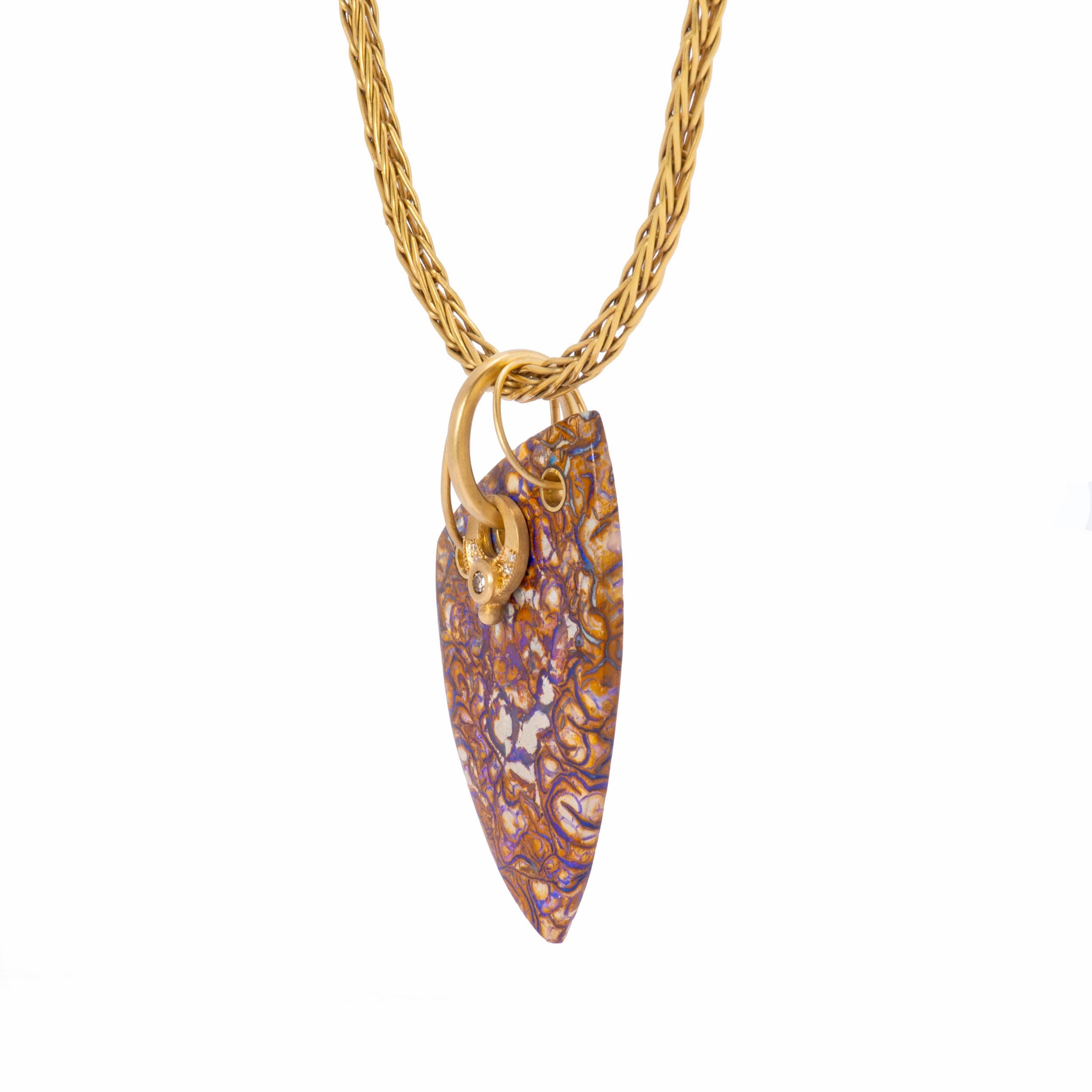 Contemporary Boulder Opal and Eclipse Diamond Pendant in 18 Karat Gold For Sale