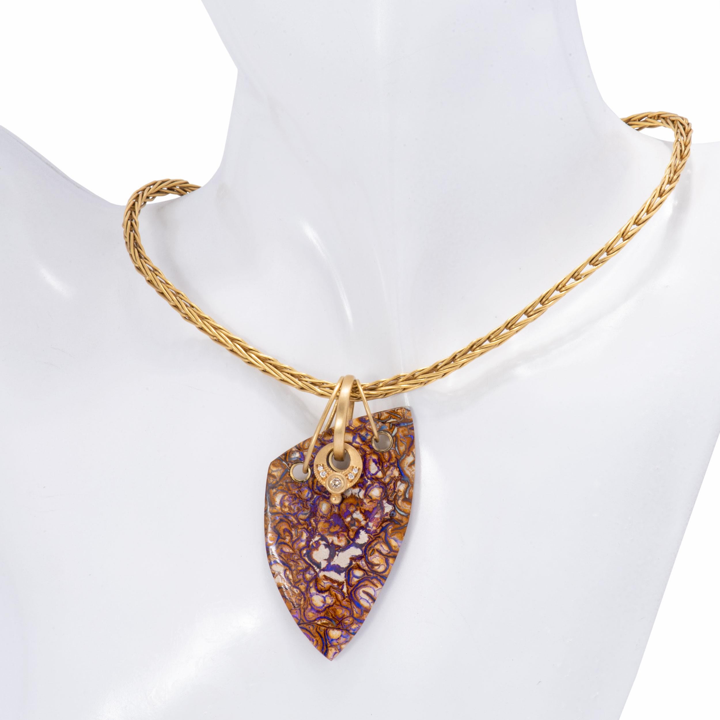 Women's or Men's Boulder Opal and Eclipse Diamond Pendant in 18 Karat Gold For Sale