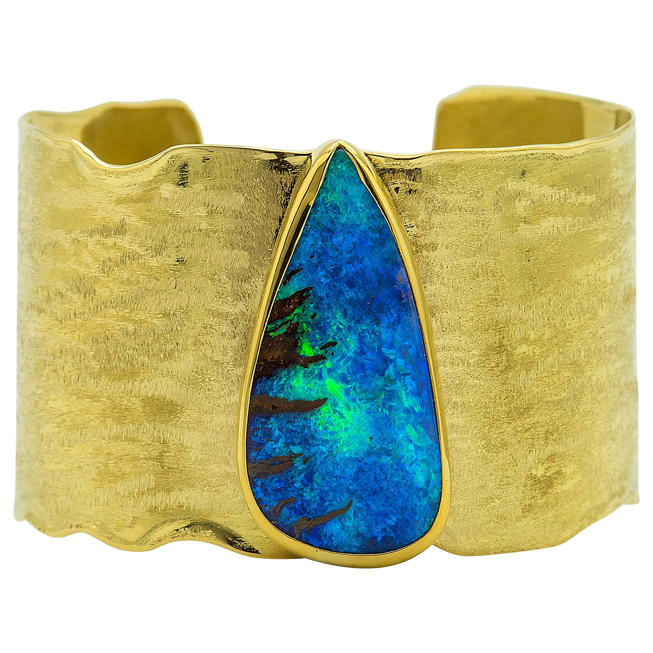 Boulder Opal Gold Cuff Bracelet 22 Karat Gold 18 Karat Gold Textured