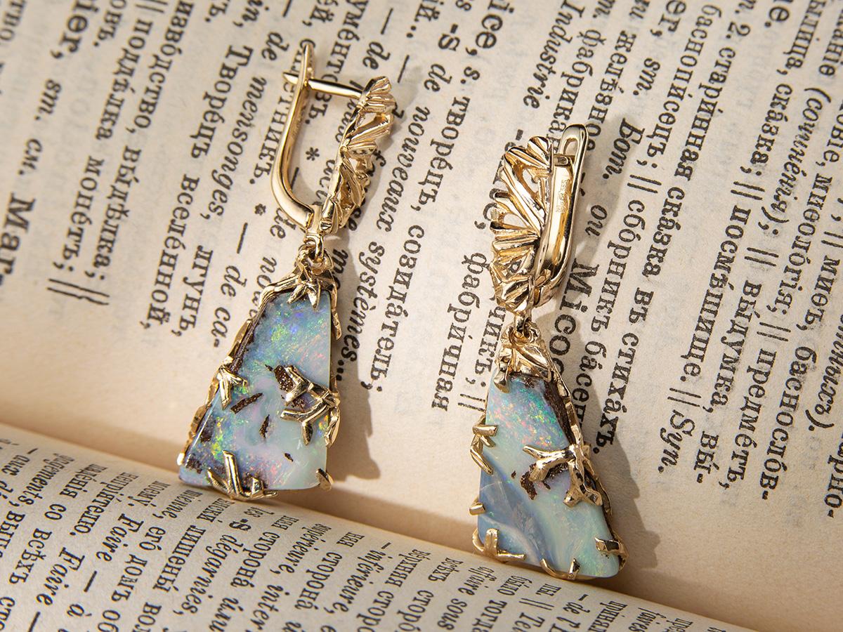 Art Nouveau Boulder Opal Gold Earrings Triangle Australian Gemstone Rainbow gemstone For Sale