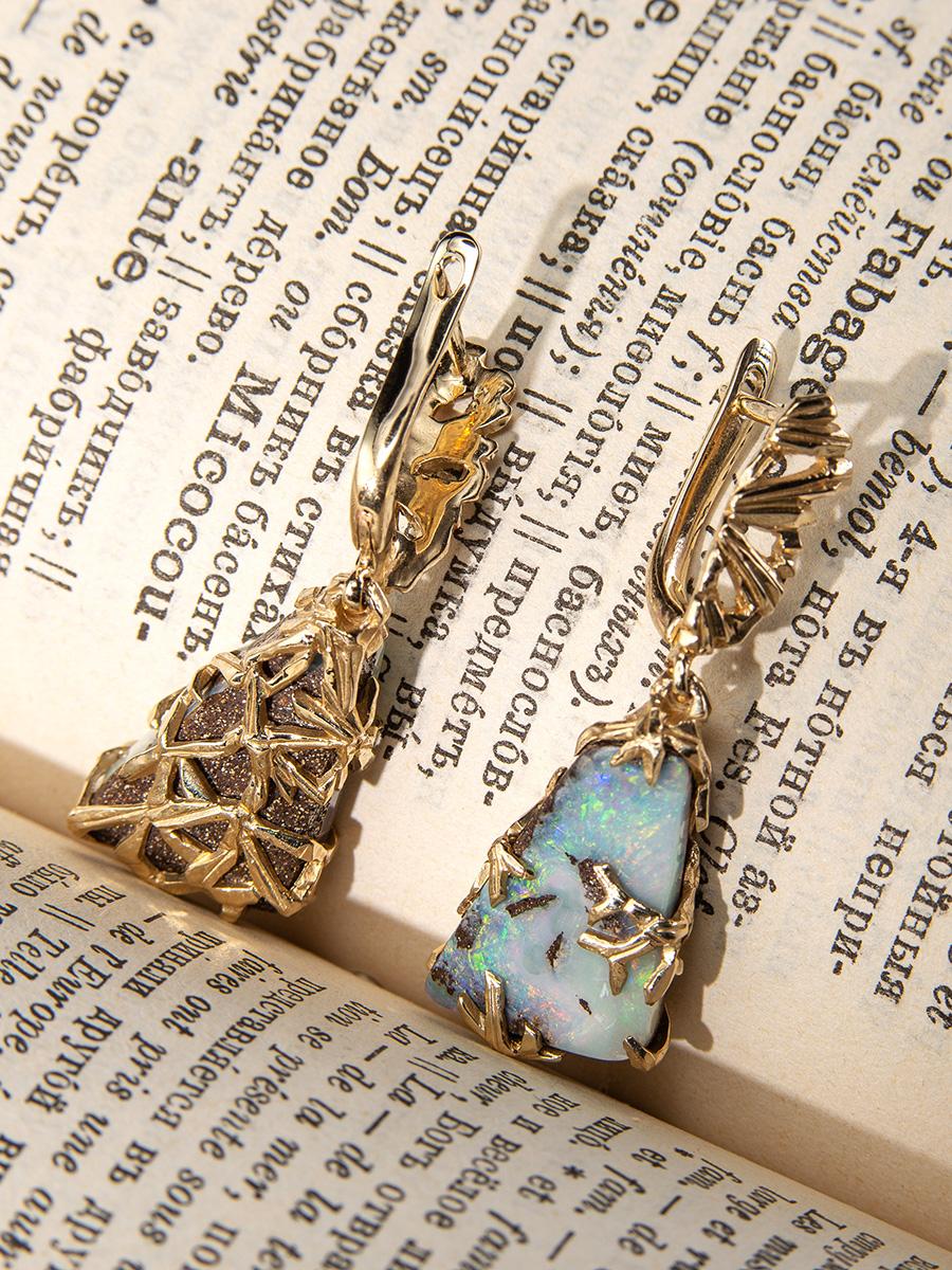 Uncut Boulder Opal Gold Earrings Triangle Australian Gemstone Rainbow gemstone For Sale