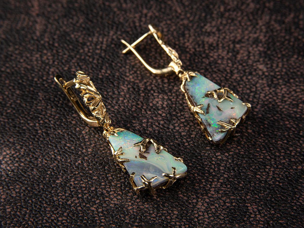 Boulder Opal Gold Earrings Triangle Australian Gemstone Rainbow gemstone For Sale 3