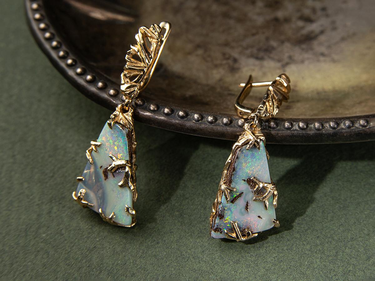 Boulder Opal Gold Earrings Triangle Australian Gemstone Rainbow gemstone For Sale 4