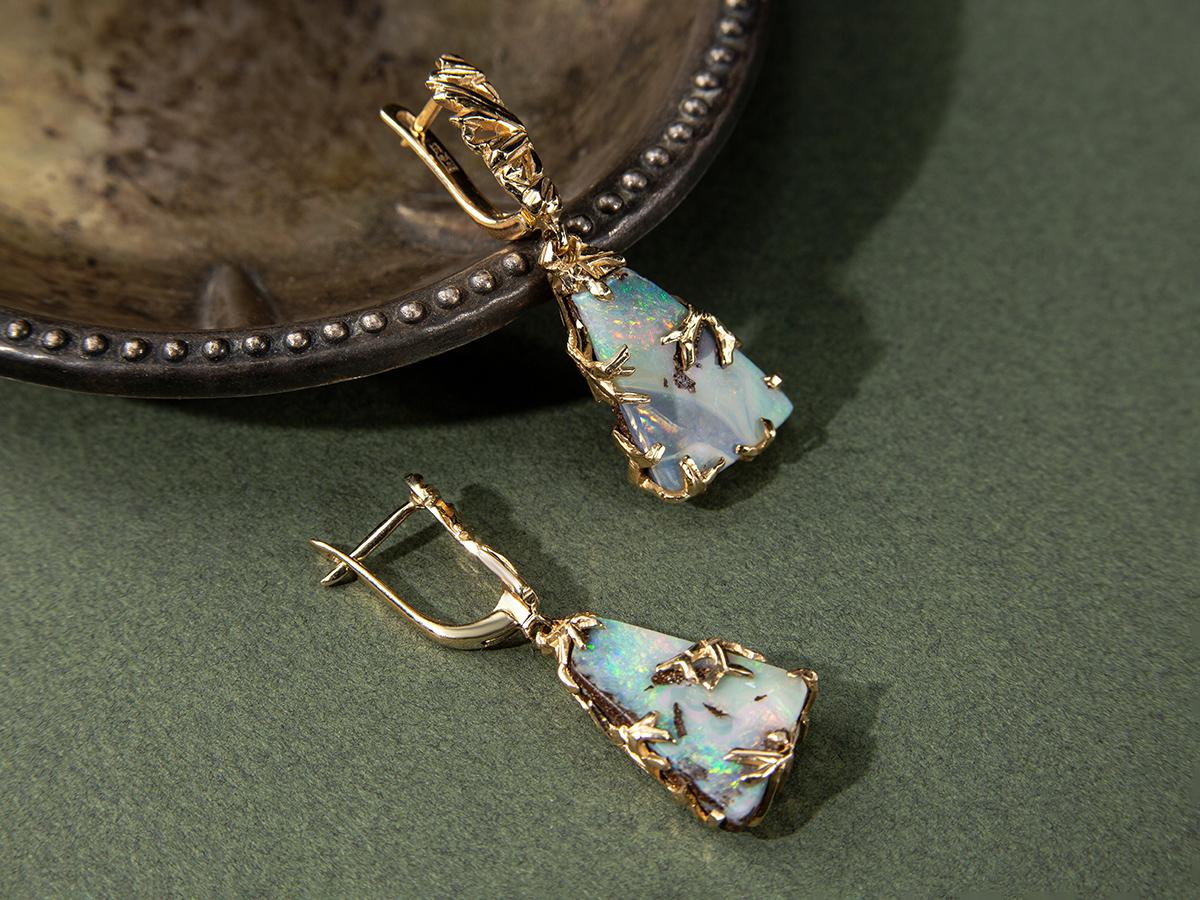 Boulder Opal Gold Earrings Triangle Australian Gemstone Rainbow gemstone For Sale 5