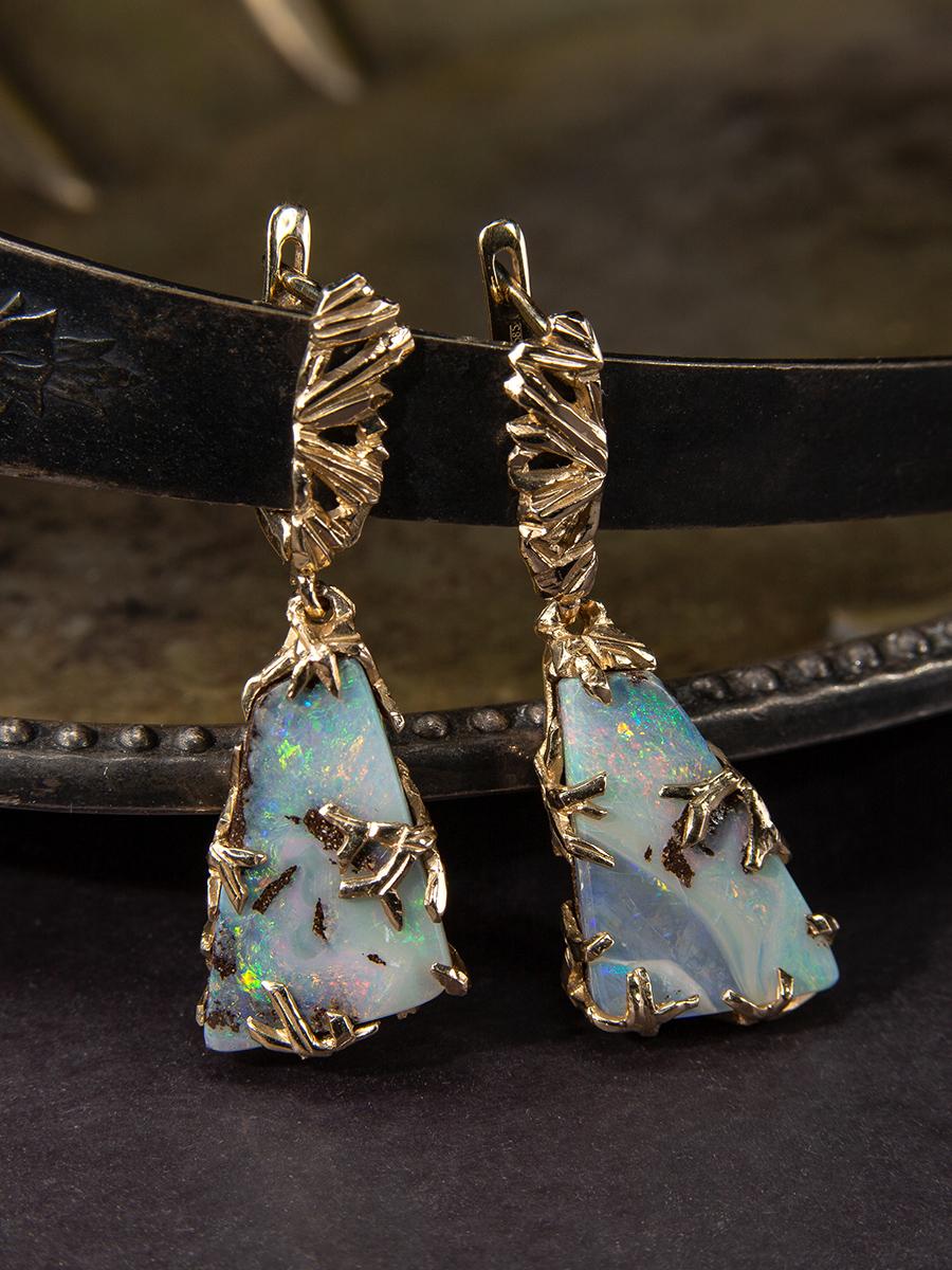 Boulder Opal Gold Earrings Triangle Australian Gemstone Rainbow gemstone For Sale 1