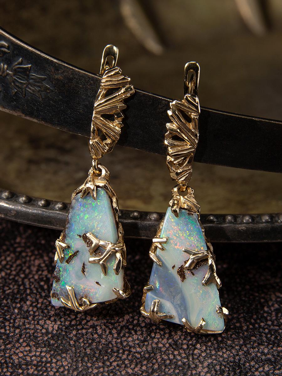 Boulder Opal Gold Earrings Triangle Australian Gemstone Rainbow gemstone For Sale 2