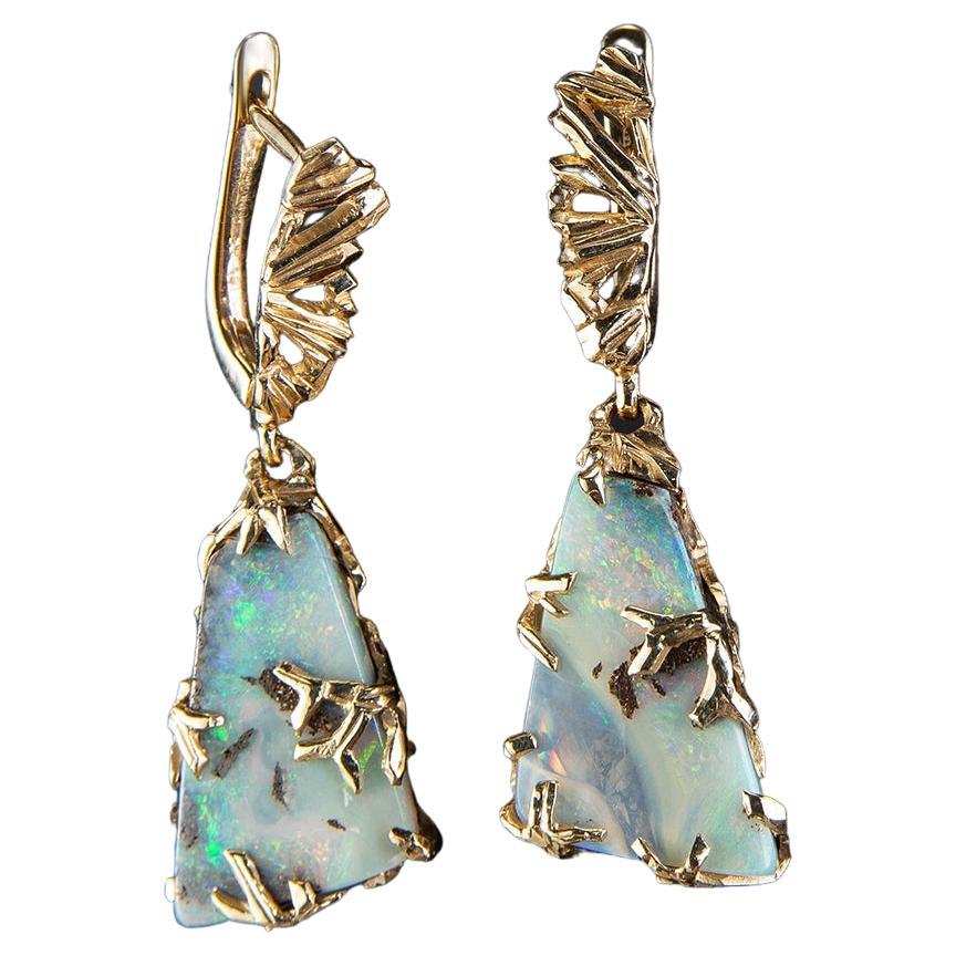 Boulder Opal Gold Earrings Triangle Australian Gemstone Rainbow gemstone