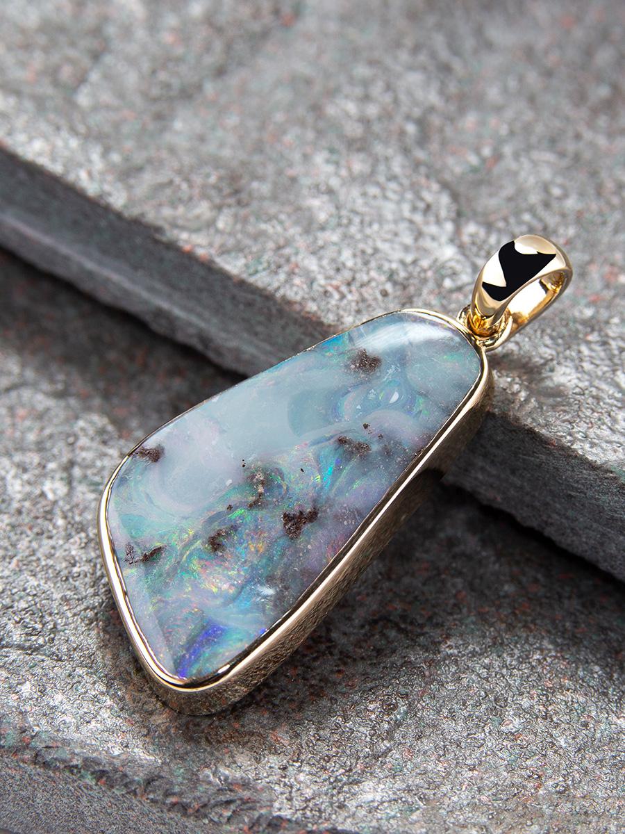 Artisan Boulder Opal Gold Pendant Light Blue Australian Opal For Sale