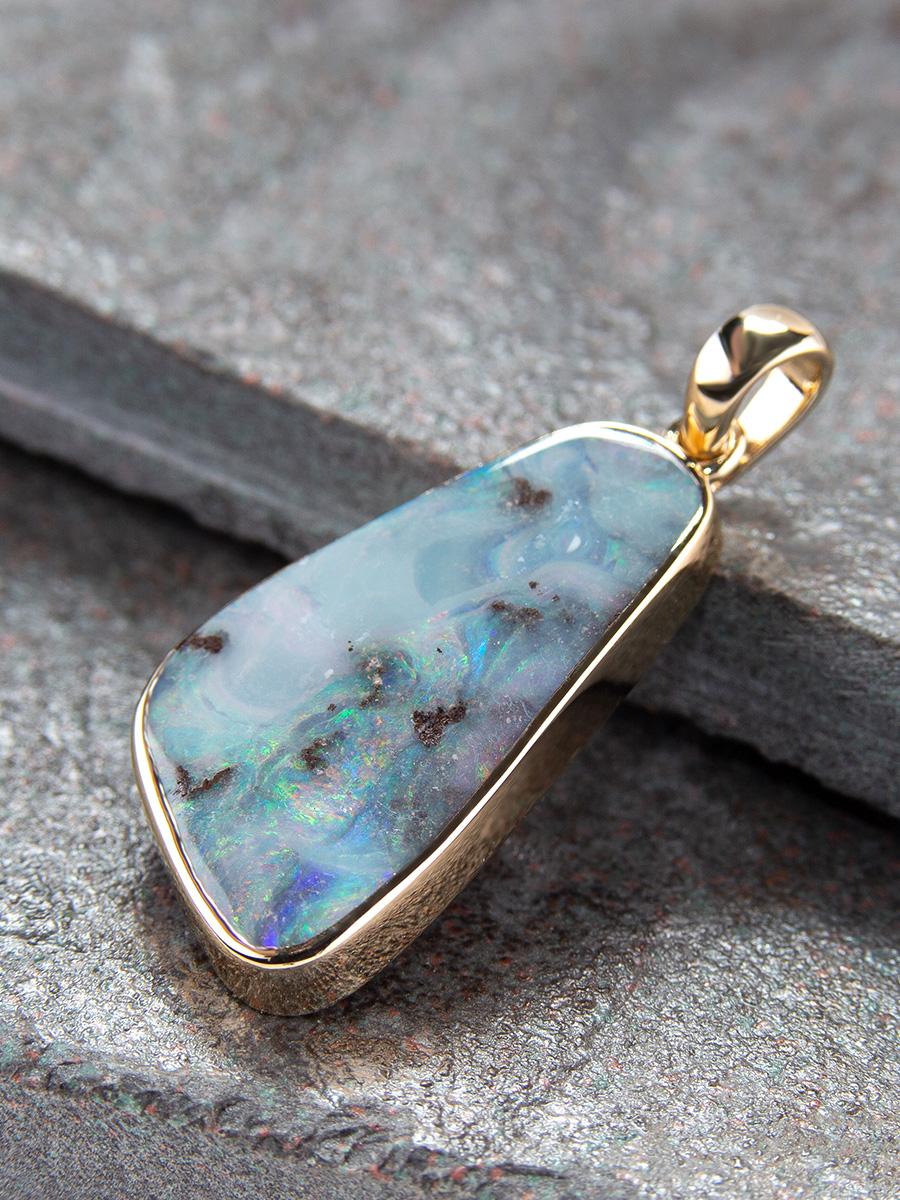 Cabochon Boulder Opal Gold Pendant Light Blue Australian Opal For Sale
