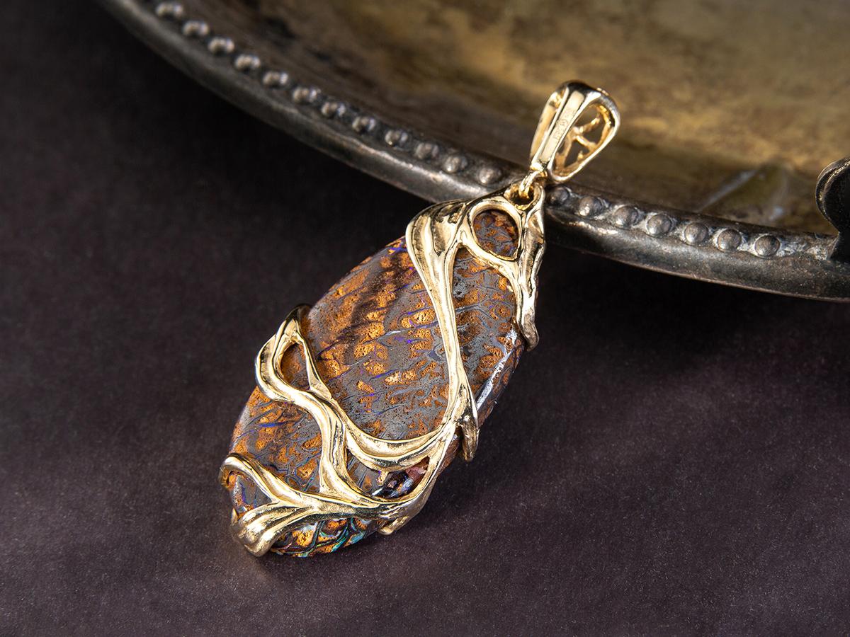 Women's or Men's Boulder Opal Gold Pendant Oval Fine Jewelry Art Nouveau style For Sale
